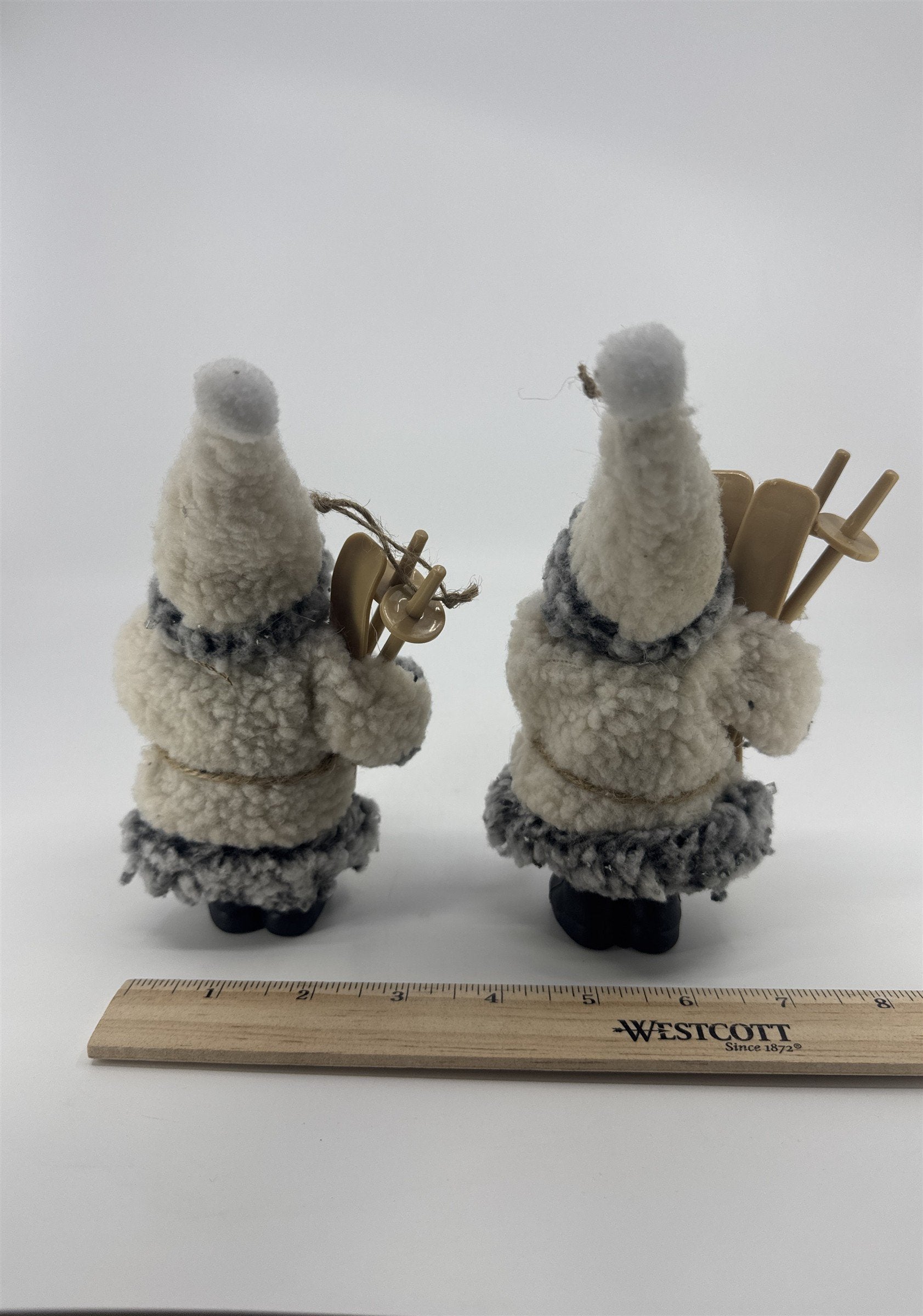 Set Of Two Vintage Skiing Santa Claus Ornaments W/ Grey And White Jackets