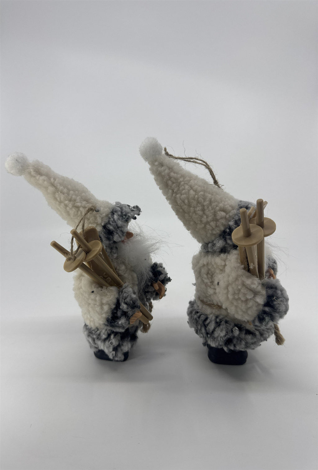 Set Of Two Vintage Skiing Santa Claus Ornaments W/ Grey And White Jackets