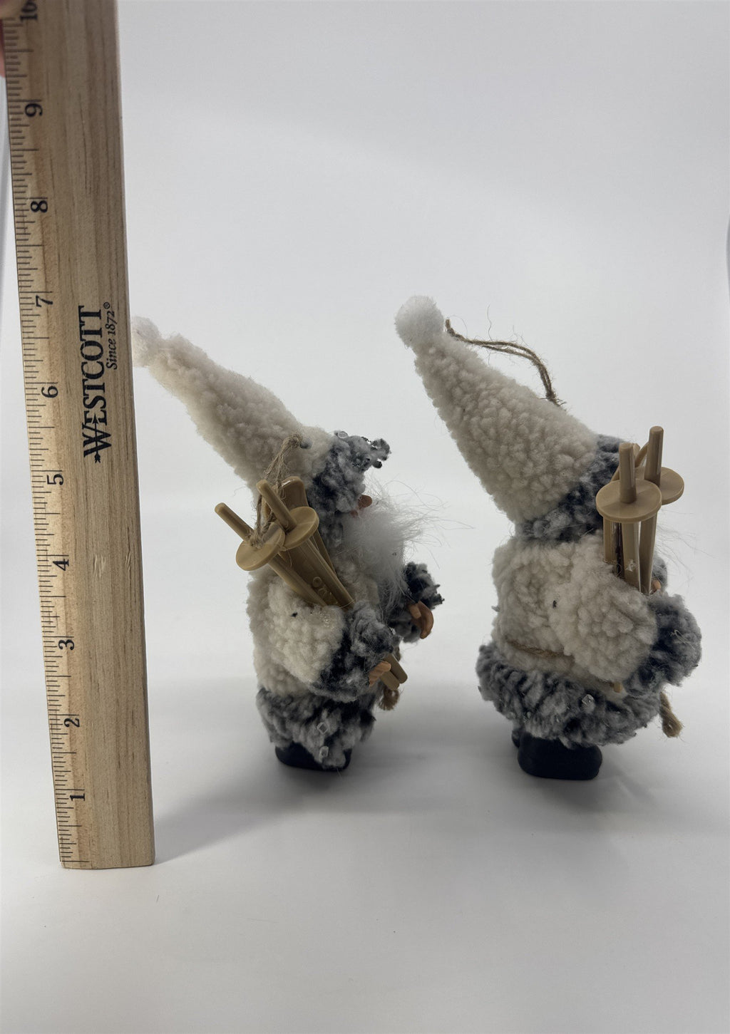 Set Of Two Vintage Skiing Santa Claus Ornaments W/ Grey And White Jackets