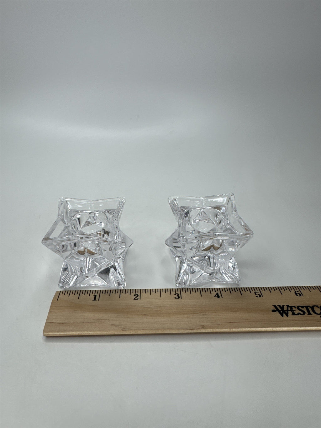 Pair Heavy Lead Crystal Candle Holders Votive Starburst Geometric Modern Decor