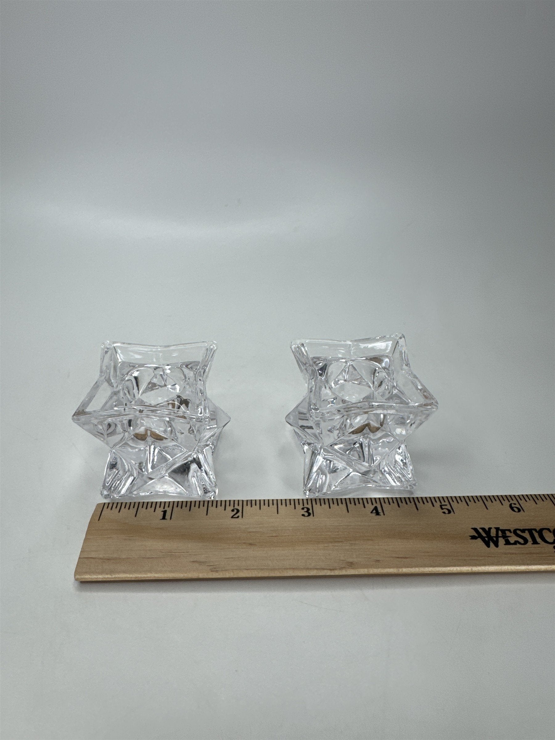 Pair Heavy Lead Crystal Candle Holders Votive Starburst Geometric Modern Decor