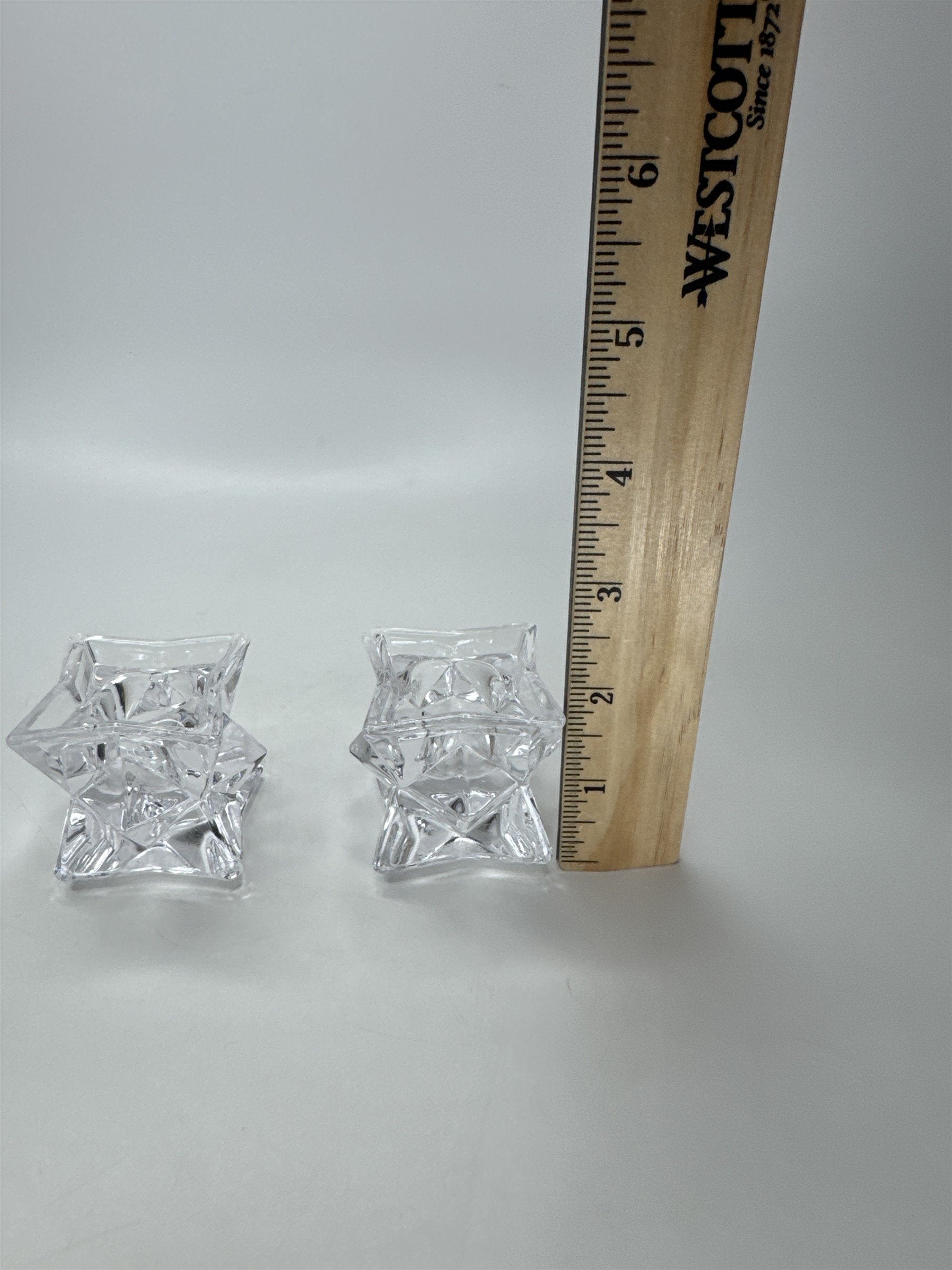 Pair Heavy Lead Crystal Candle Holders Votive Starburst Geometric Modern Decor