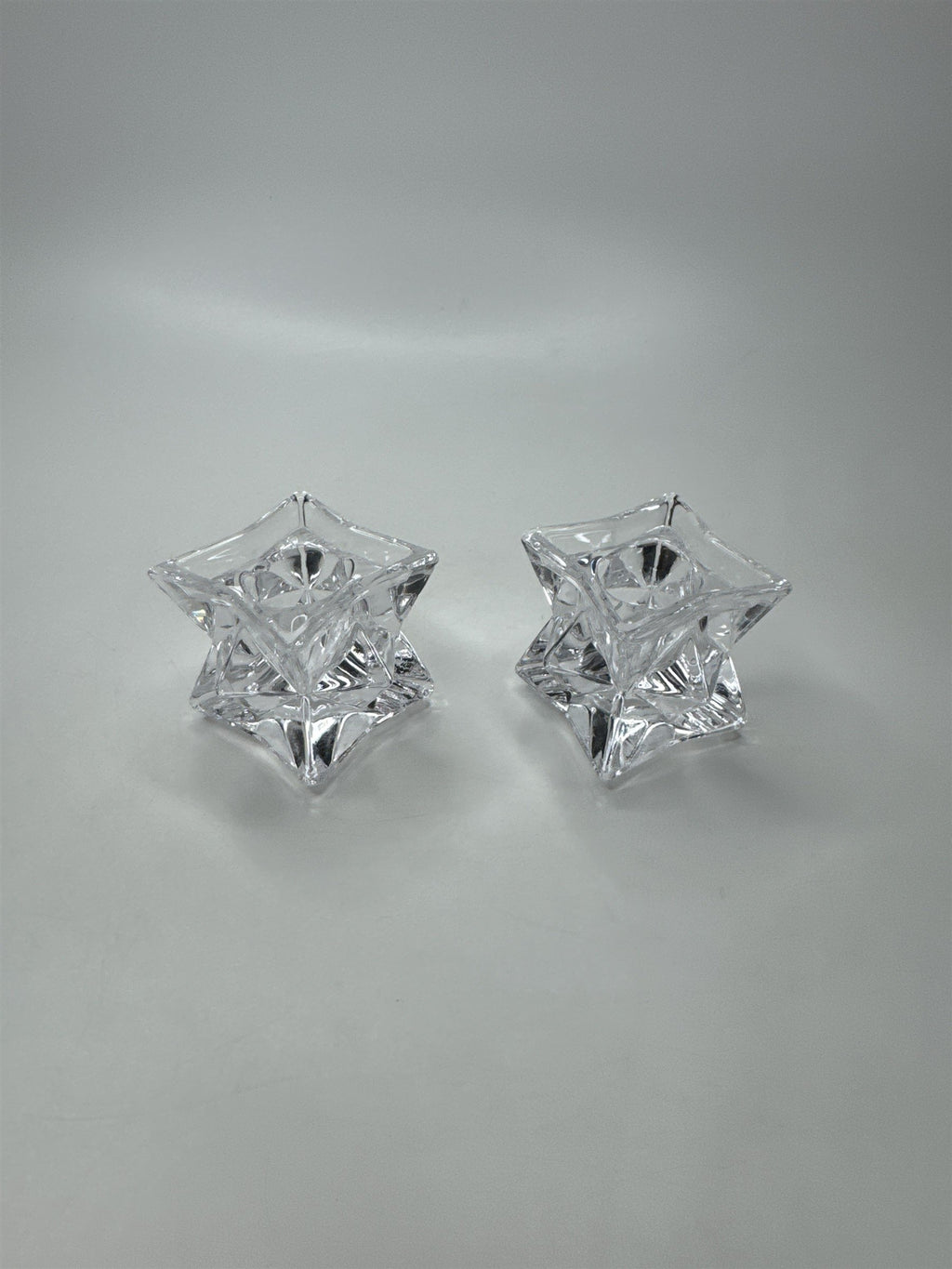 Pair Heavy Lead Crystal Candle Holders Votive Starburst Geometric Modern Decor