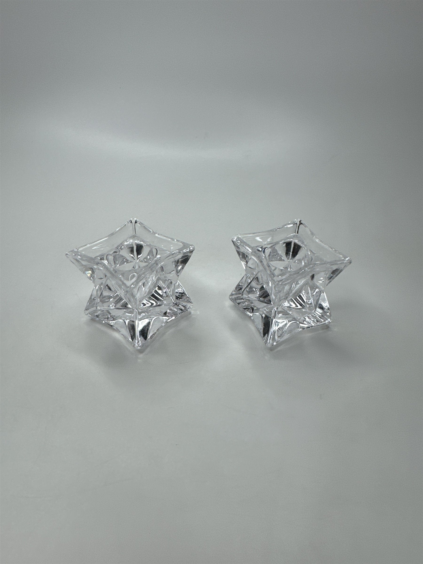 Pair Heavy Lead Crystal Candle Holders Votive Starburst Geometric Modern Decor