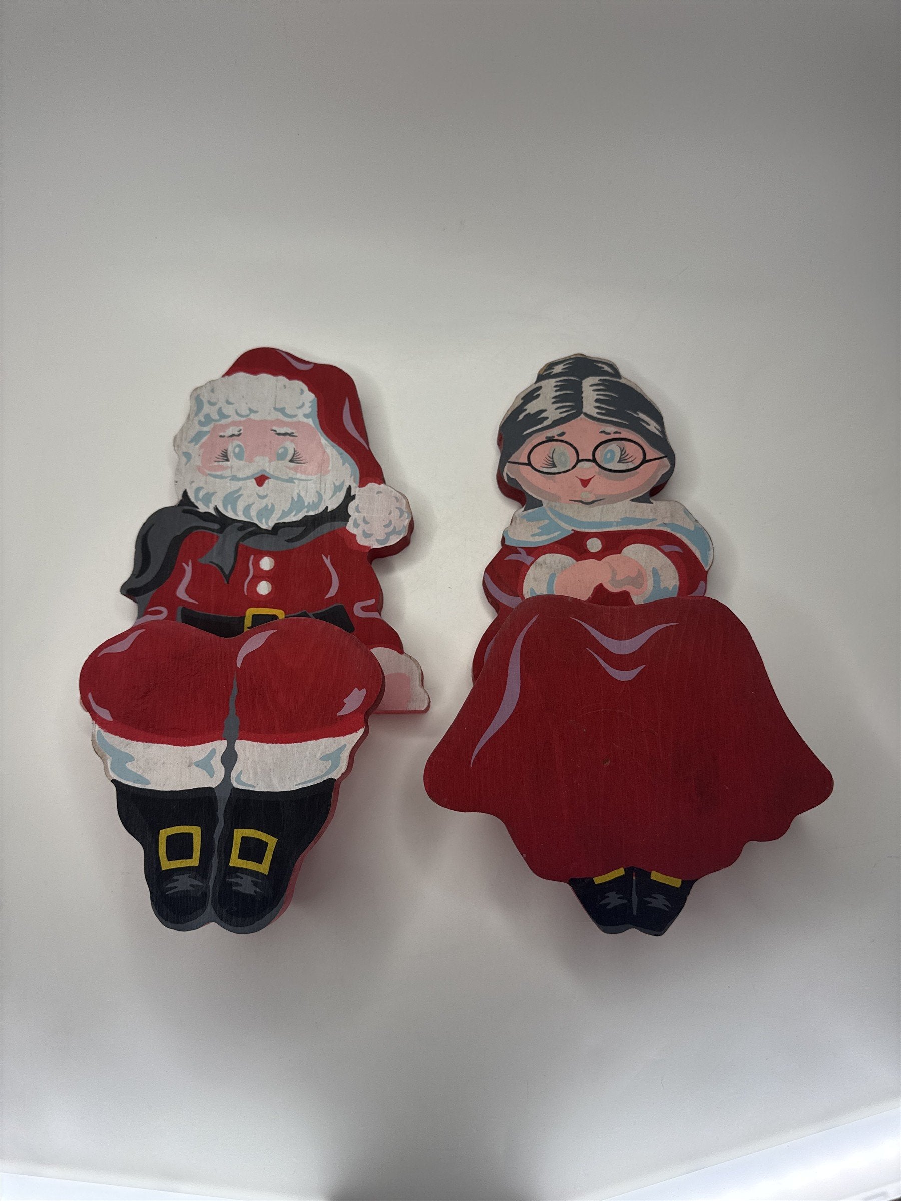 Vintage Wood Santa Mrs Claus Shelf Sitters Christmas Folk Art Set of 2