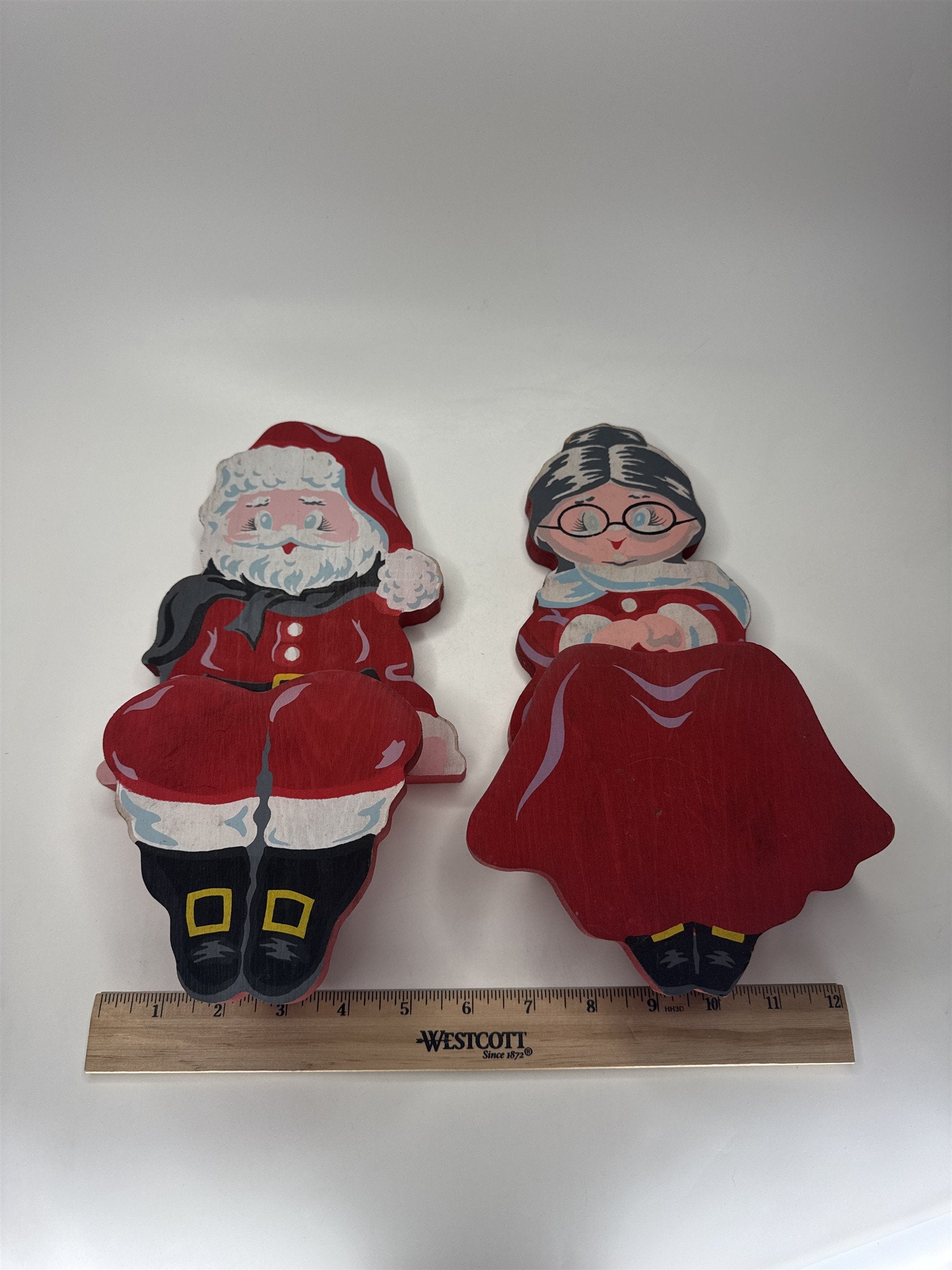 Vintage Wood Santa Mrs Claus Shelf Sitters Christmas Folk Art Set of 2