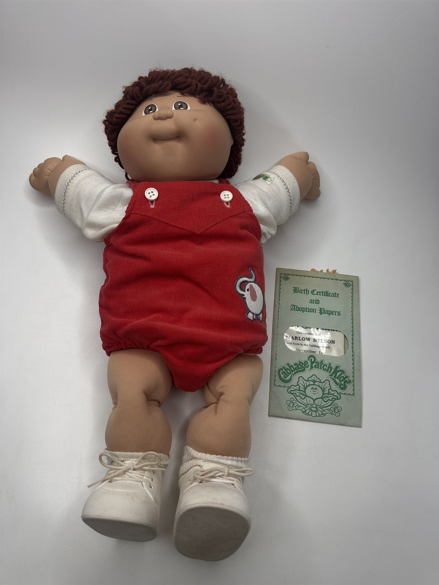Vintage Cabbage Patch Kid Boy Red Corduroy Overalls Adoption Papers