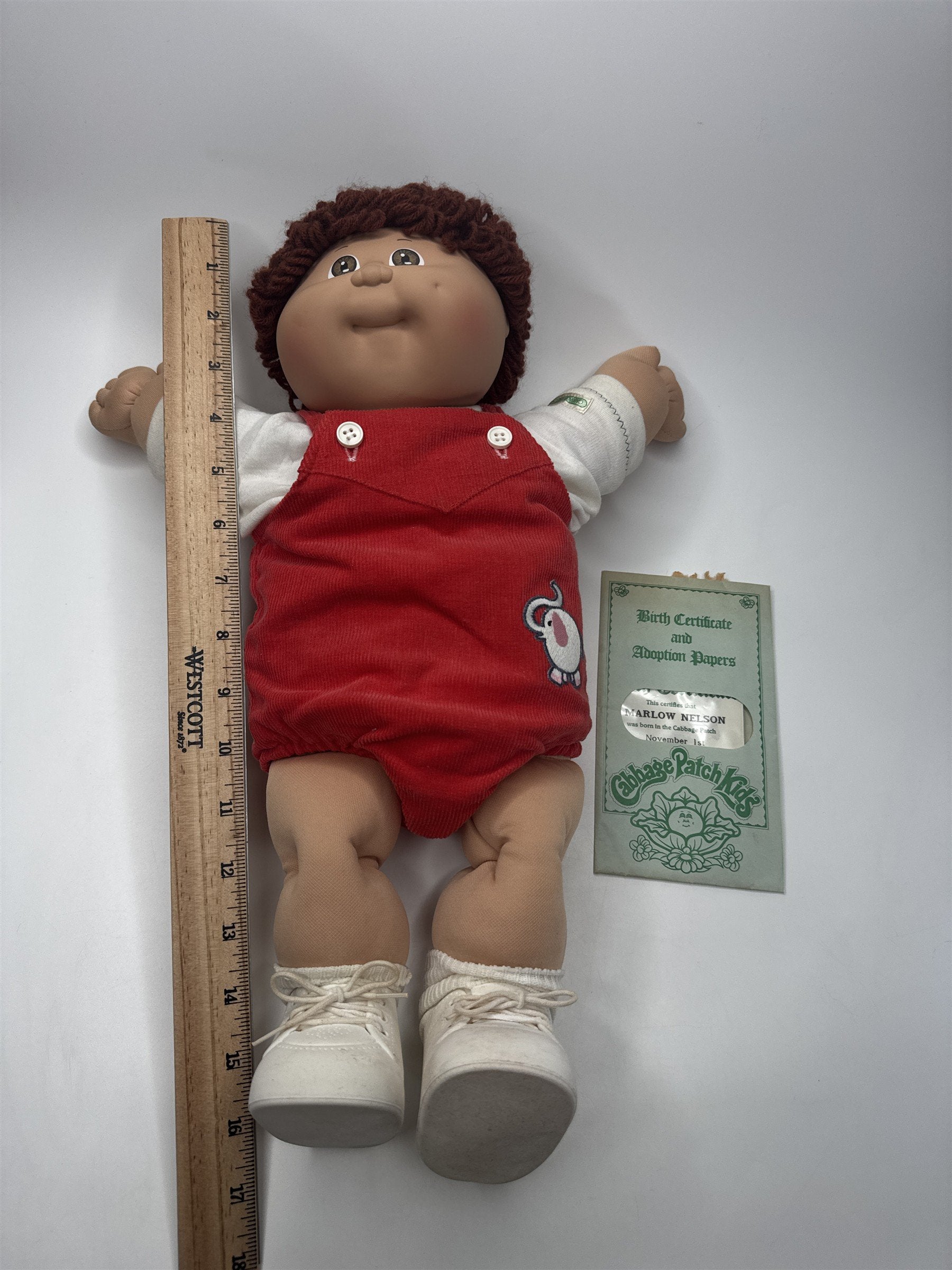 Vintage Cabbage Patch Kid Boy Red Corduroy Overalls Adoption Papers