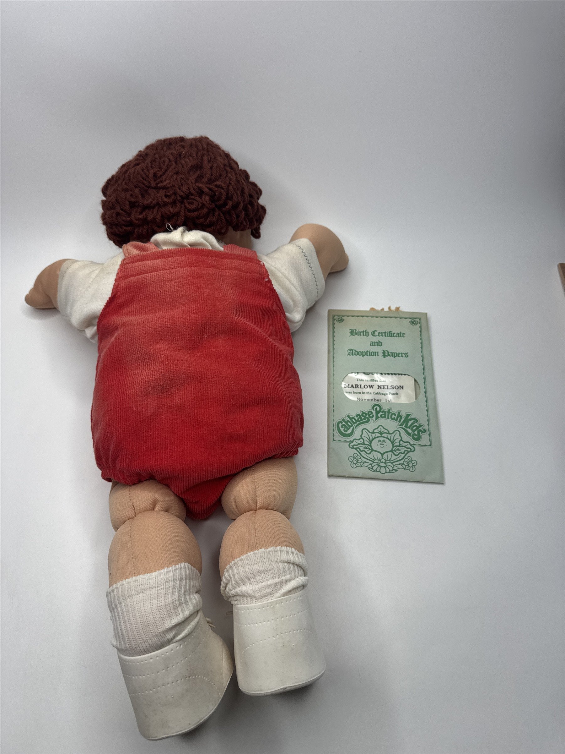 Vintage Cabbage Patch Kid Boy Red Corduroy Overalls Adoption Papers