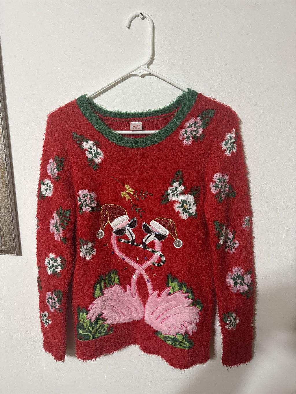 Holiday Time Girls Sweater XL 14-16 Red Fuzzy Eyelash Knit Flamingo Christmas