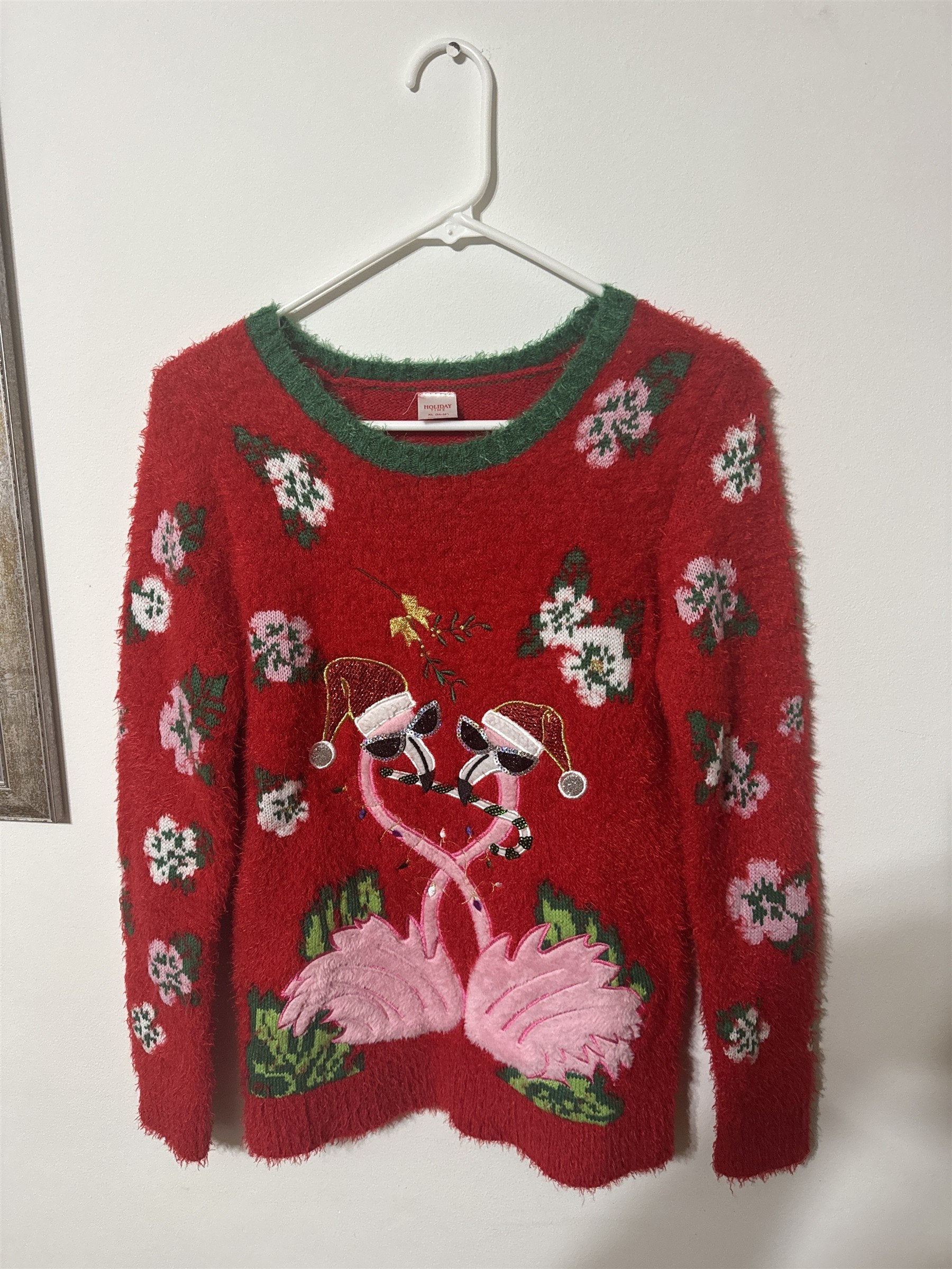 Holiday Time Girls Sweater XL 14-16 Red Fuzzy Eyelash Knit Flamingo Christmas