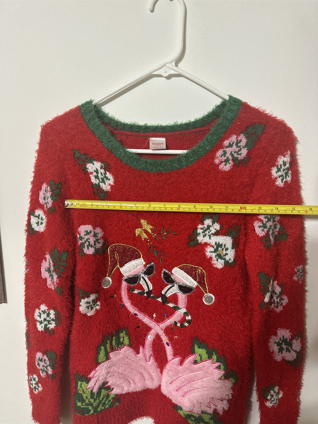 Holiday Time Girls Sweater XL 14-16 Red Fuzzy Eyelash Knit Flamingo Christmas