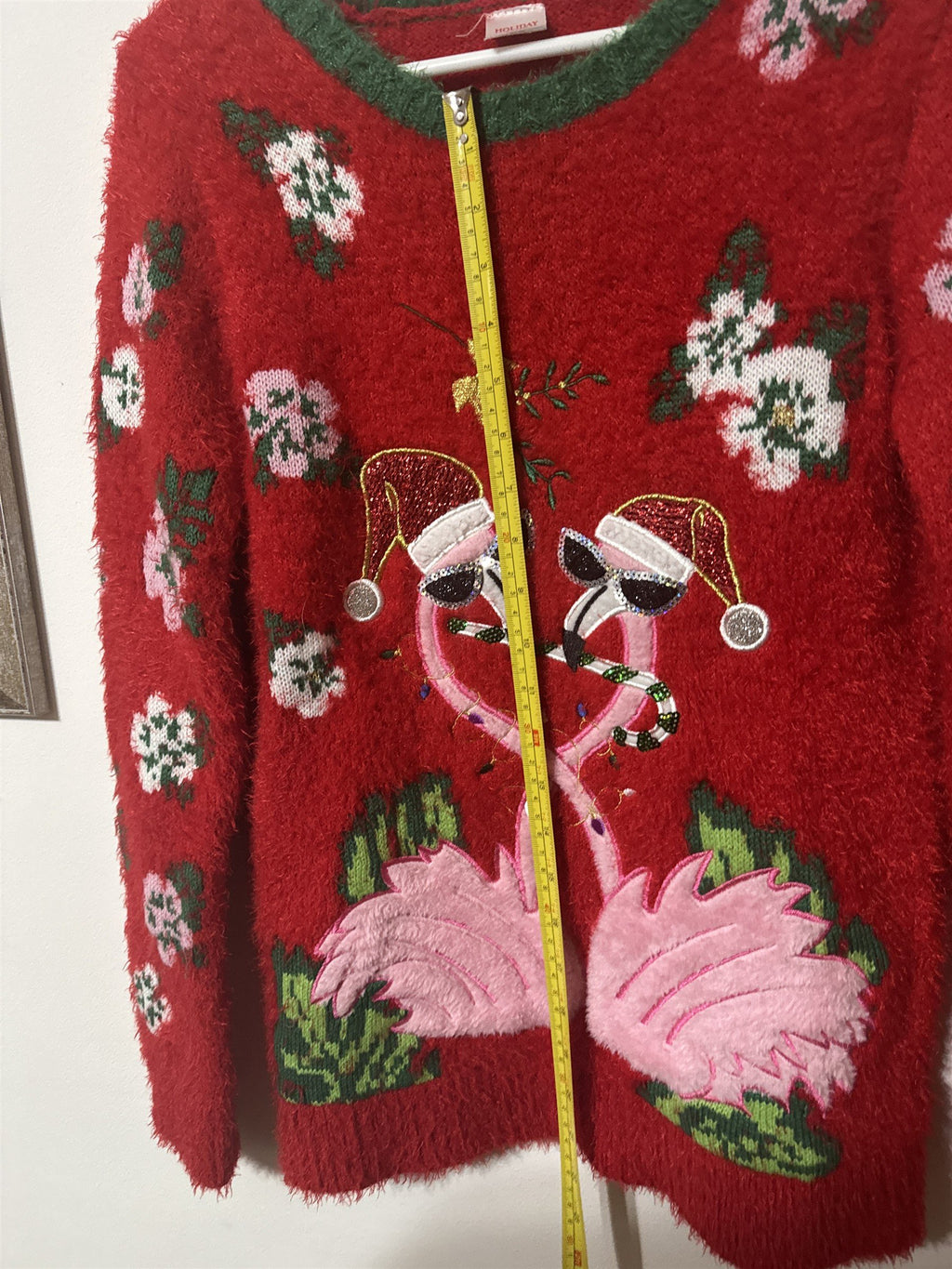 Holiday Time Girls Sweater XL 14-16 Red Fuzzy Eyelash Knit Flamingo Christmas