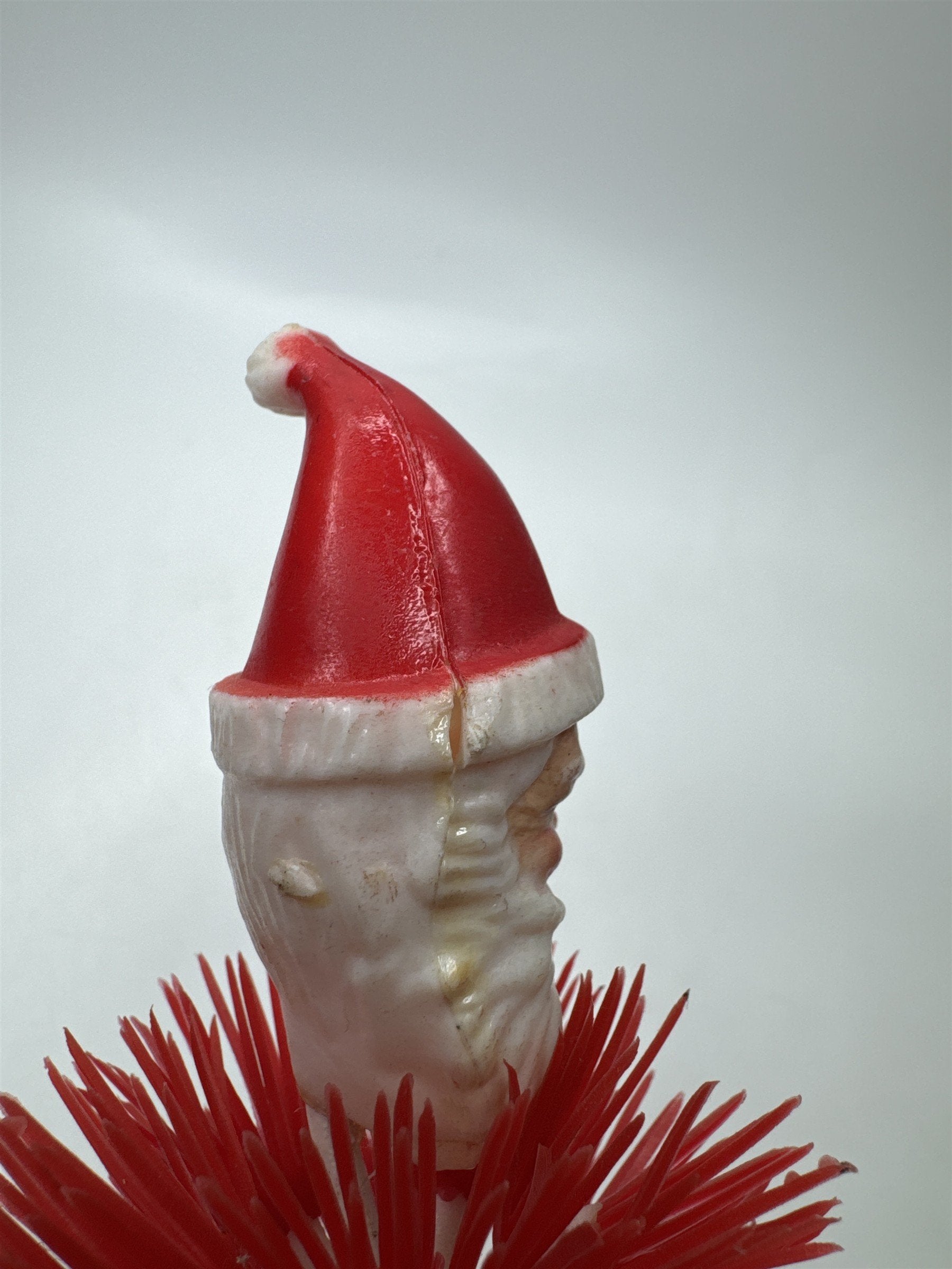 1950s 60s Plastic Santa Figurine Pick Red Bristle Christmas Tree Decor
