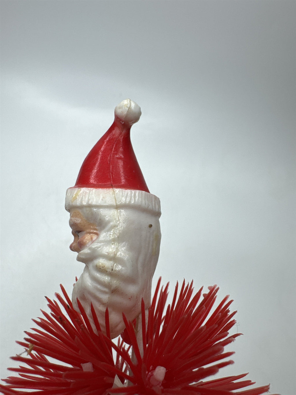 1950s 60s Plastic Santa Figurine Pick Red Bristle Christmas Tree Decor