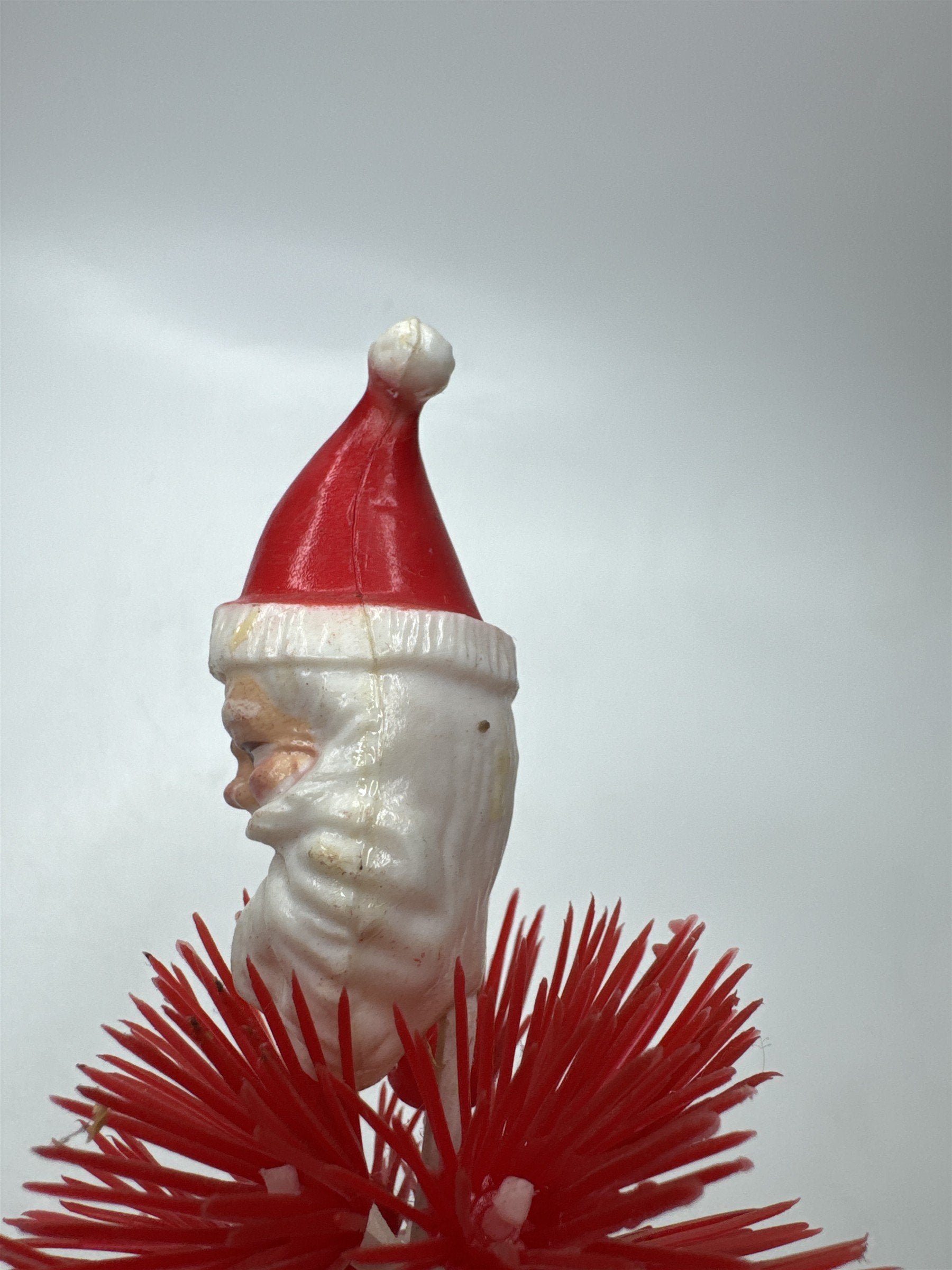 1950s 60s Plastic Santa Figurine Pick Red Bristle Christmas Tree Decor