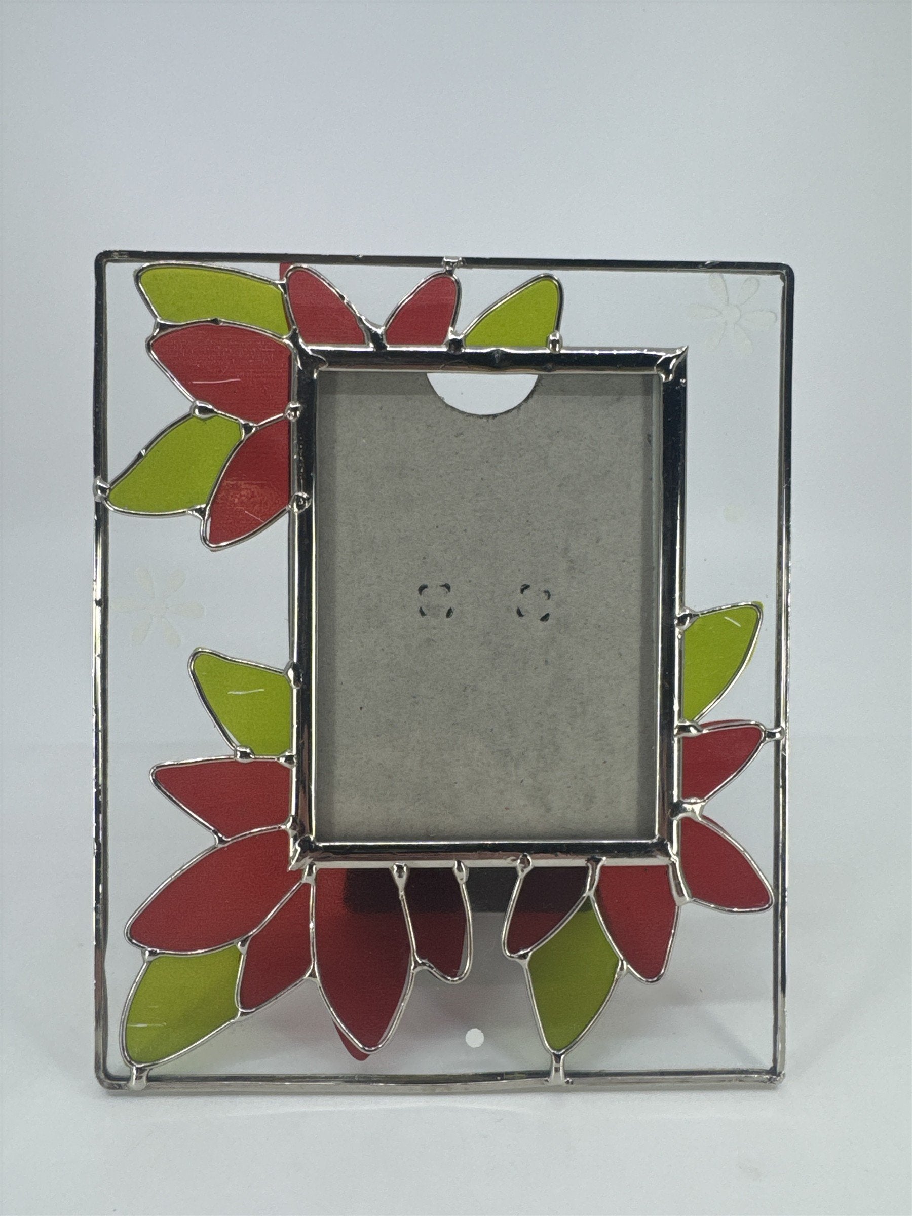 Stained Glass Picture Frame W/ Christmas Poinsettia Standing Holiday Frame