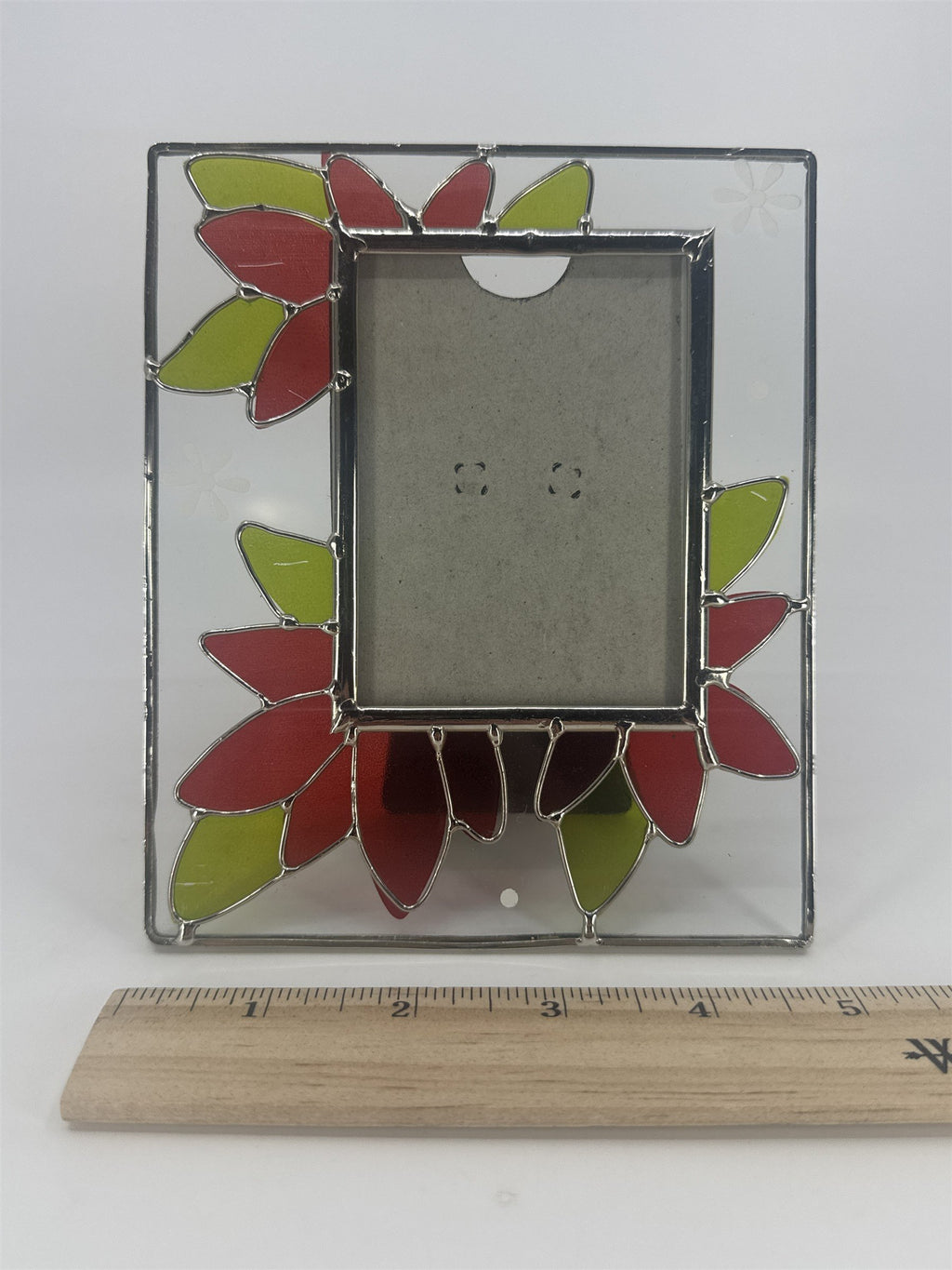 Stained Glass Picture Frame W/ Christmas Poinsettia Standing Holiday Frame