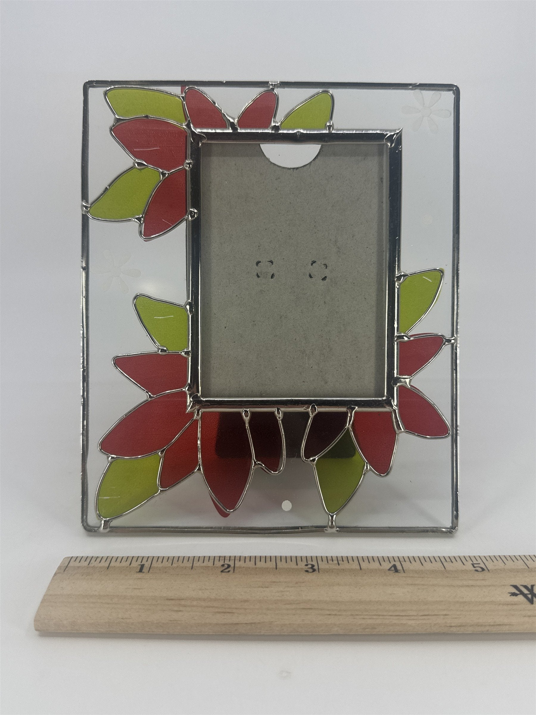 Stained Glass Picture Frame W/ Christmas Poinsettia Standing Holiday Frame