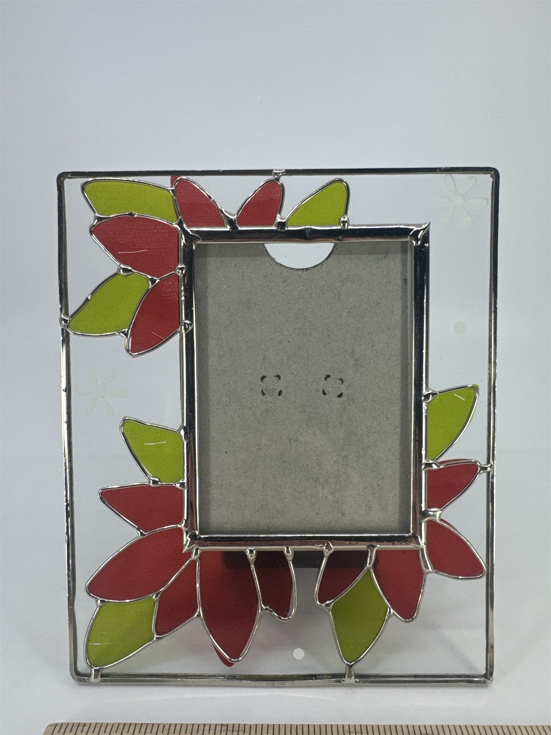 Stained Glass Picture Frame W/ Christmas Poinsettia Standing Holiday Frame