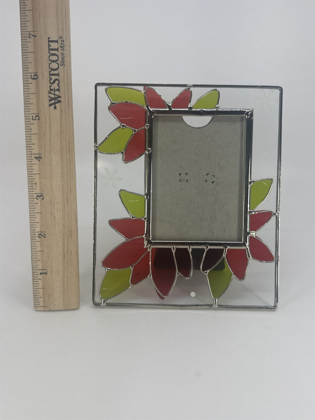 Stained Glass Picture Frame W/ Christmas Poinsettia Standing Holiday Frame