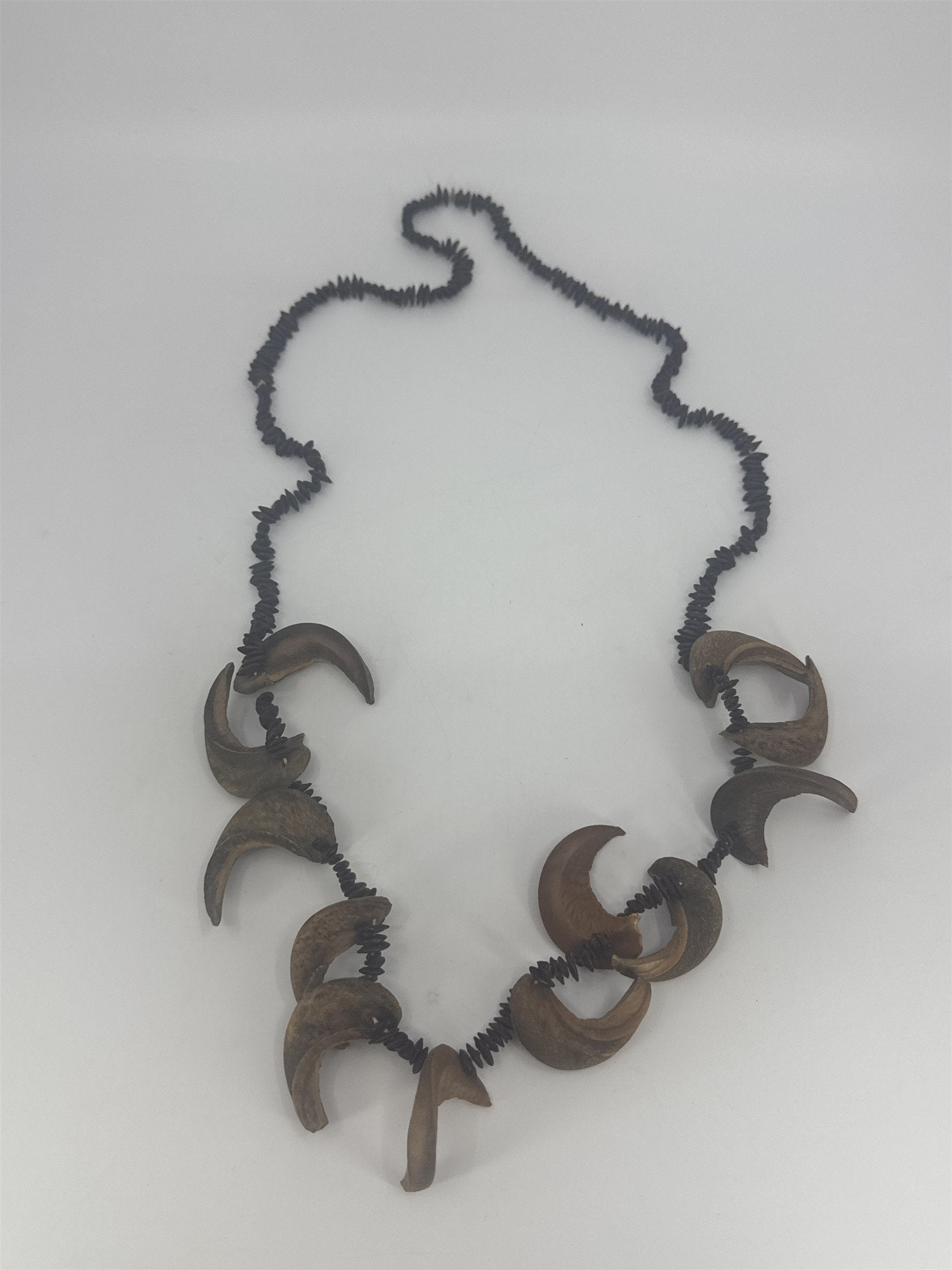 Vintage Tribal Decorative Natural Wood Nut/Seed Brown Crescent Necklace