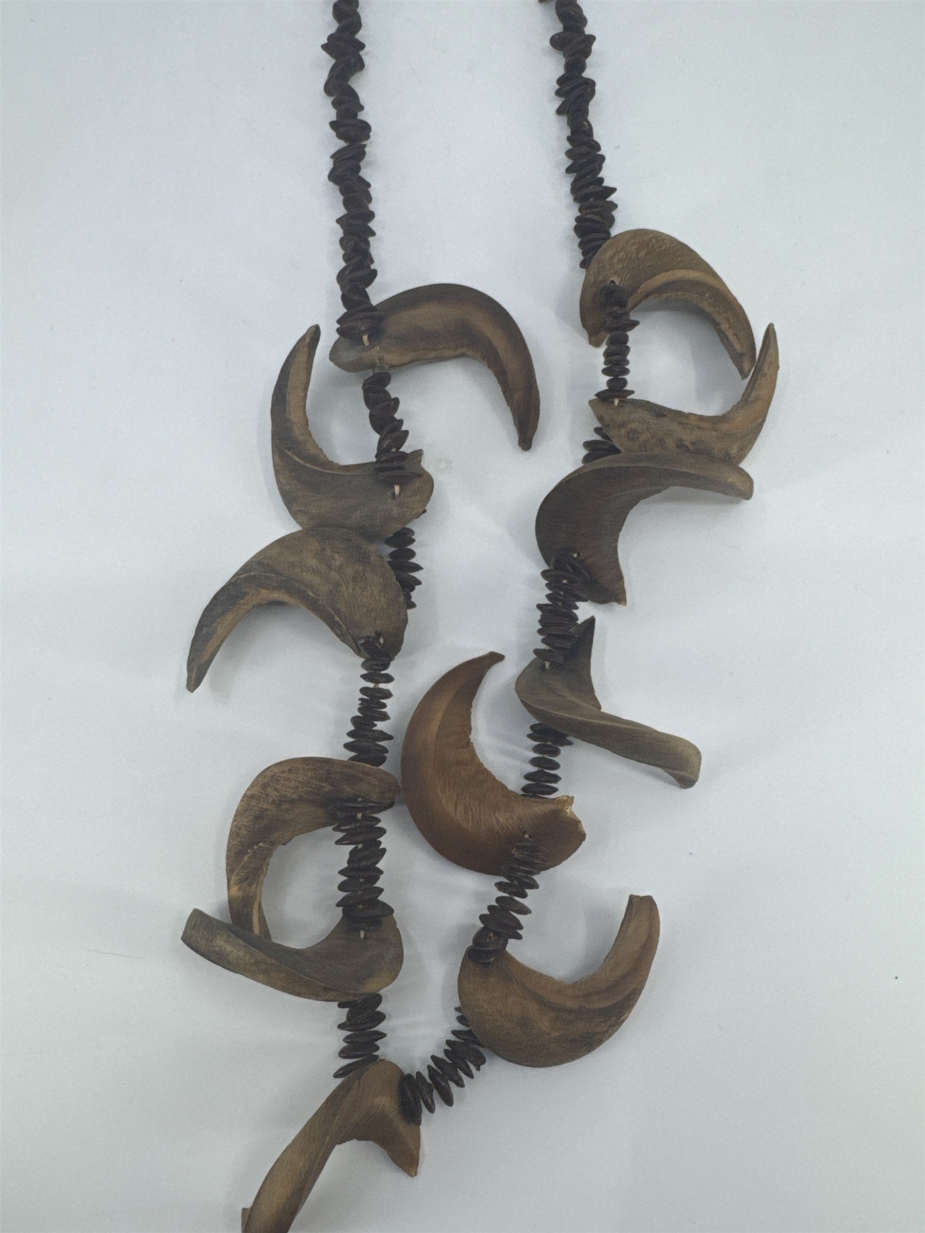 Vintage Tribal Decorative Natural Wood Nut/Seed Brown Crescent Necklace