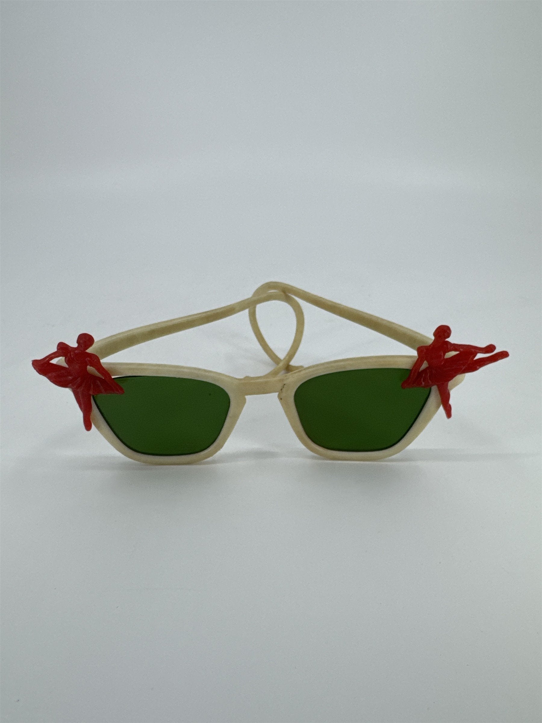 Vintage Mini Doll Or Small Child Sunglasses W/ Red Ballerinas And Green Lens