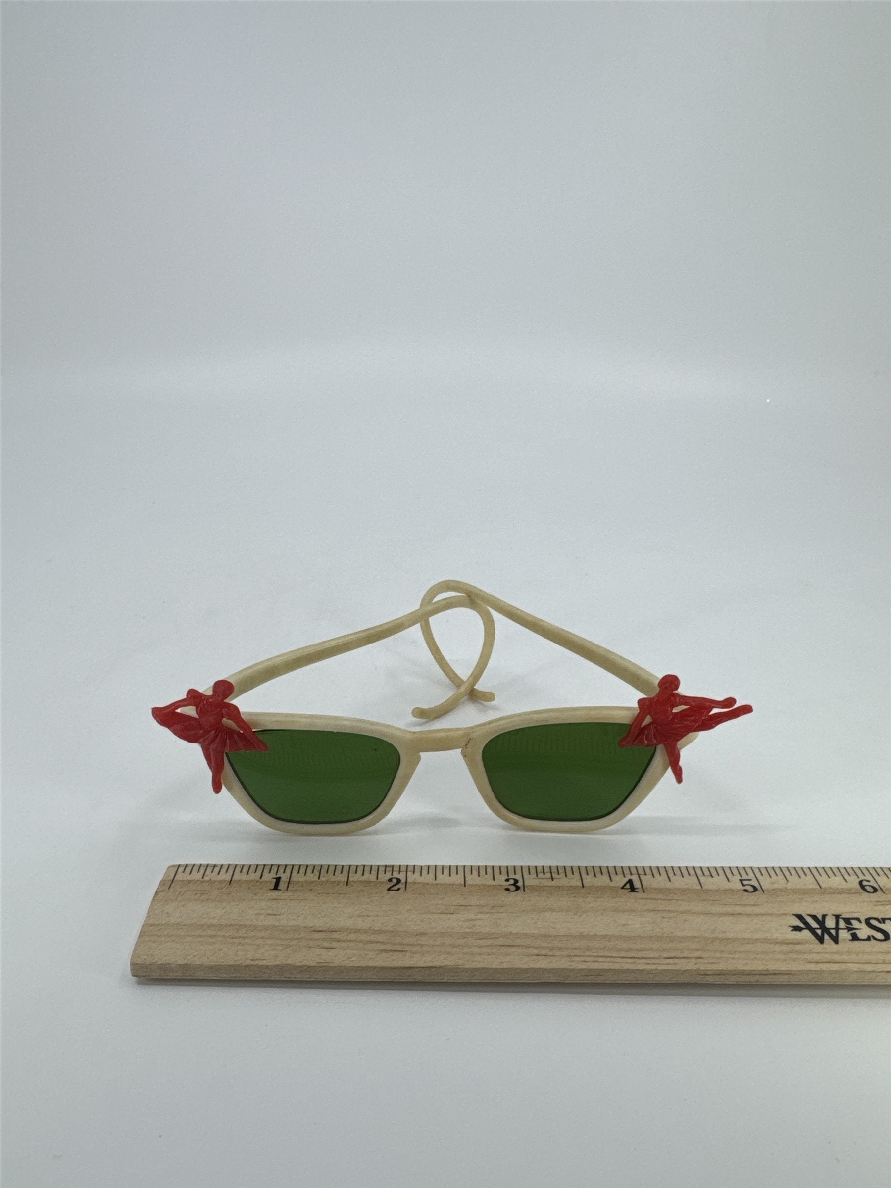 Vintage Mini Doll Or Small Child Sunglasses W/ Red Ballerinas And Green Lens