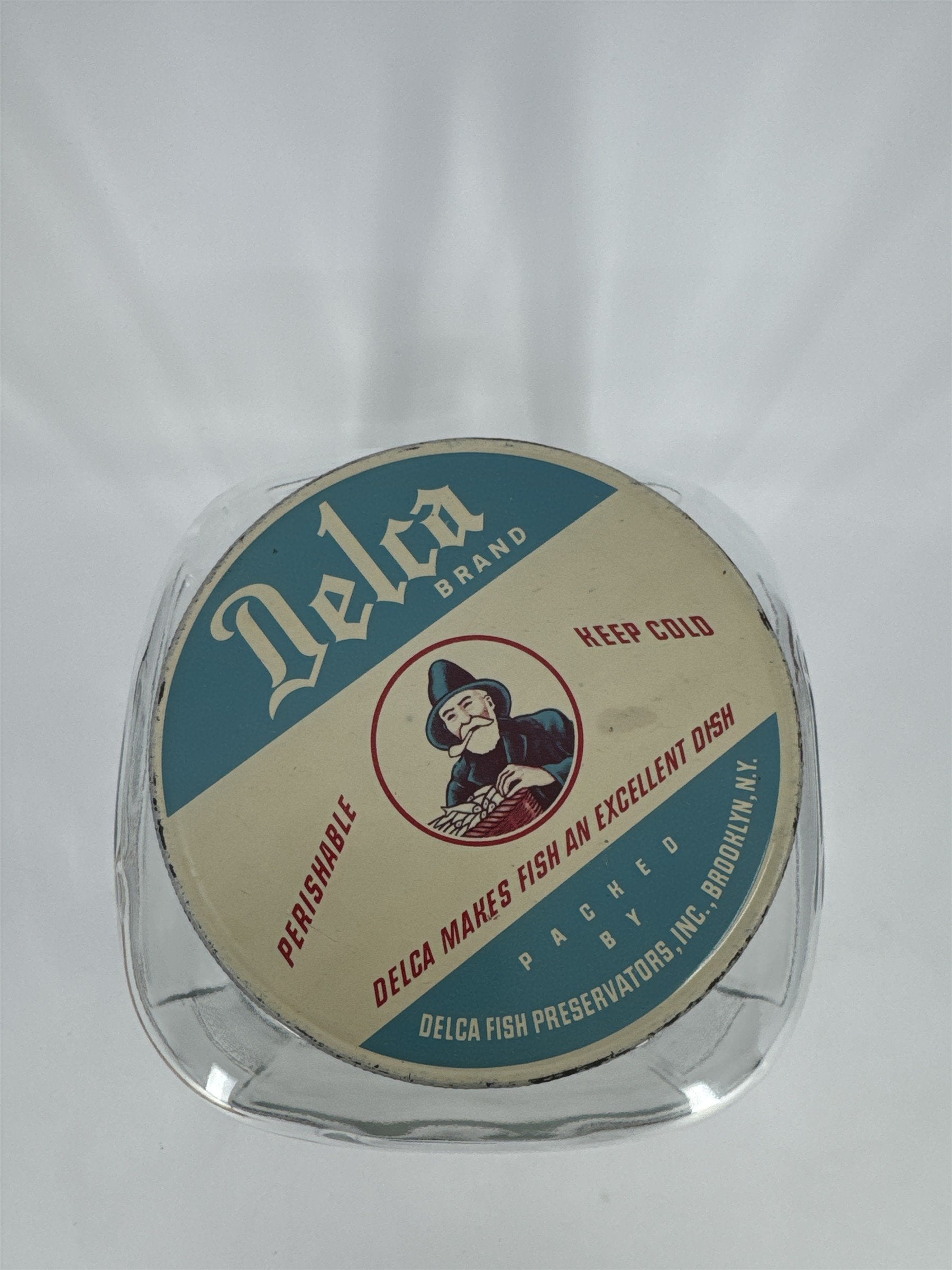 Vintage Delca Brand Fish Preservatives Brooklyn N. Y. Glass Advertising Jar