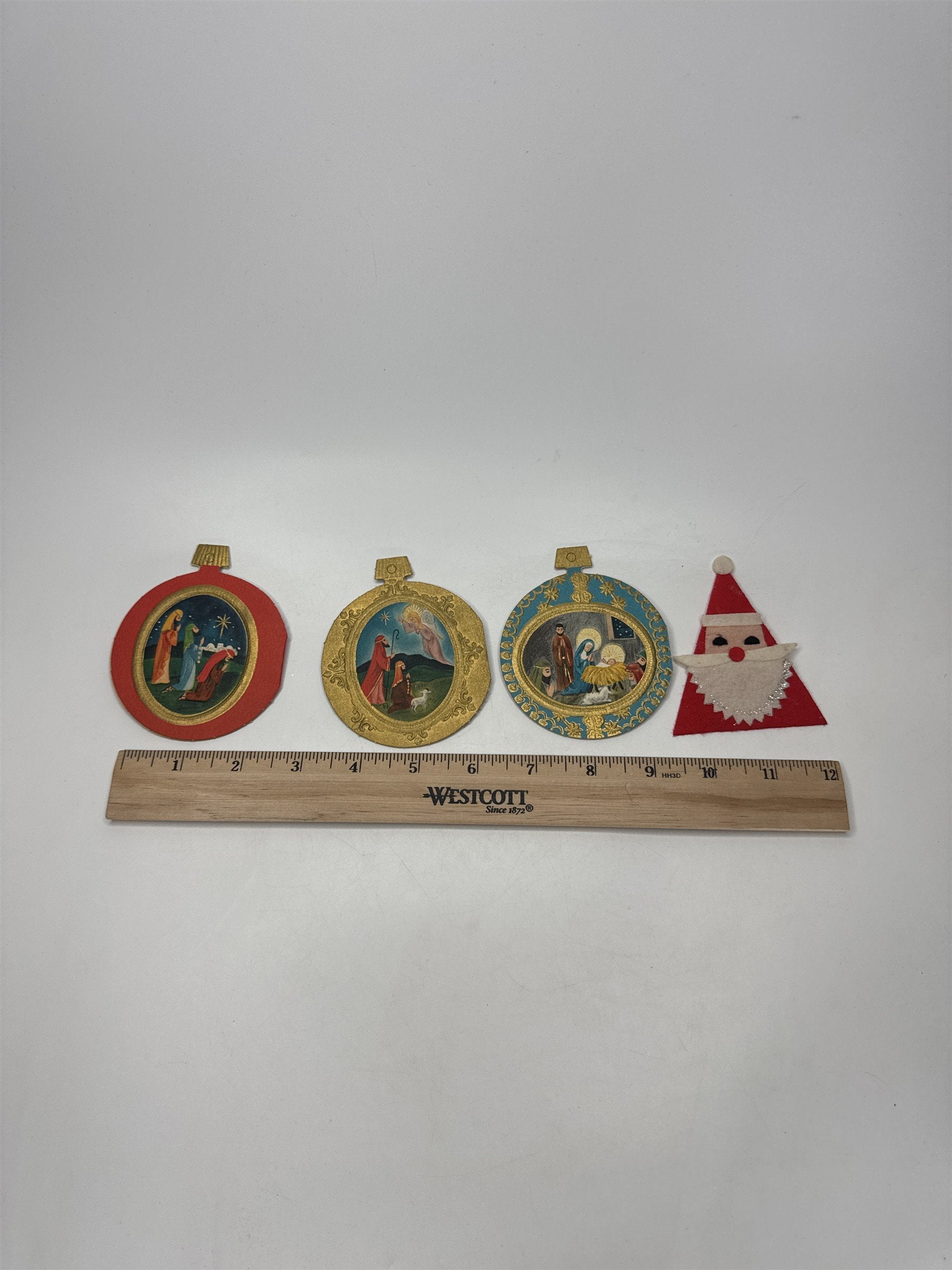 Lot 4 Vintage Paper Felt Christmas Ornaments Die Cut Nativity Santa Head Decor