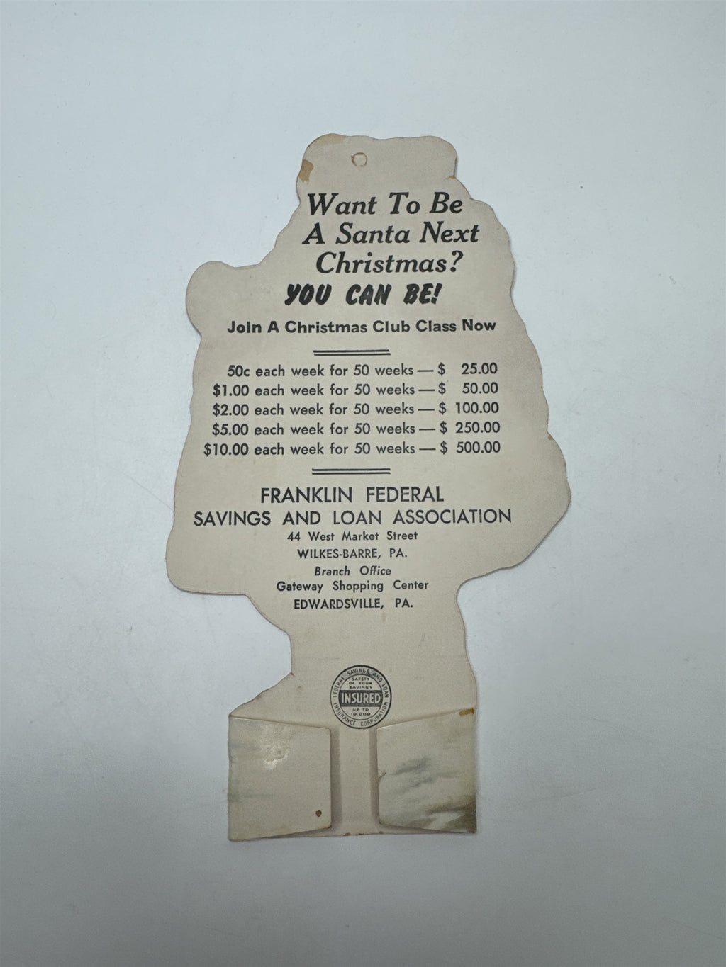 VTG Santa Die Cut Ornament Franklin Federal Savings Wilkes-Barre PA Ad