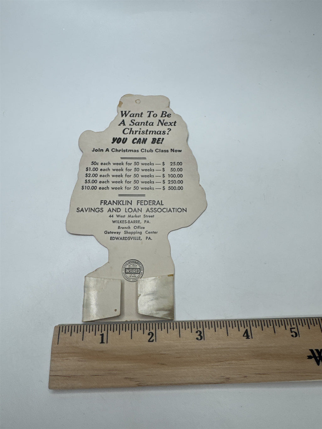 VTG Santa Die Cut Ornament Franklin Federal Savings Wilkes-Barre PA Ad