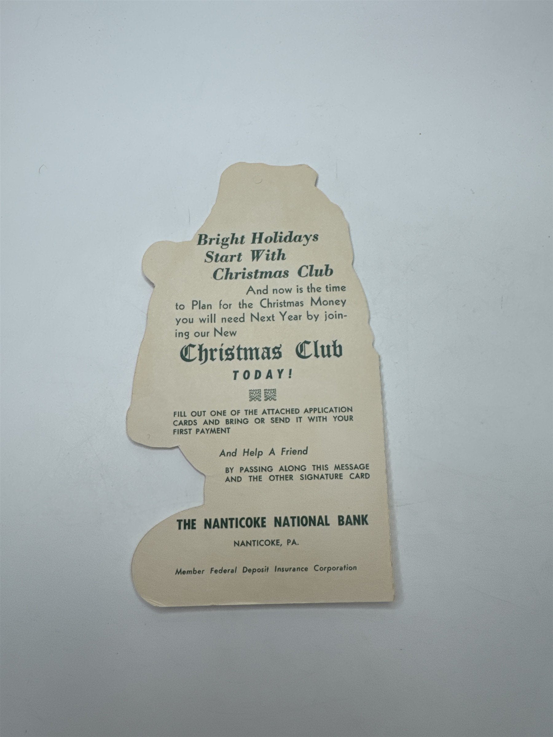 Nanticoke PA Bank Christmas Club Santa Die Cut Ornament Advertising Ephemera