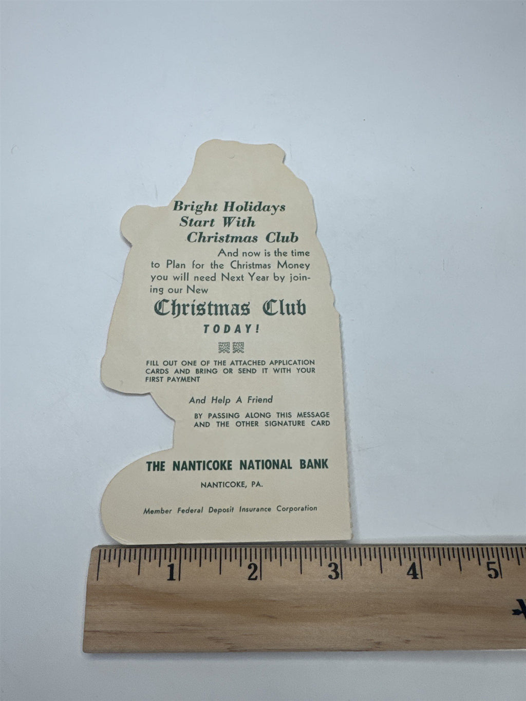 Nanticoke PA Bank Christmas Club Santa Die Cut Ornament Advertising Ephemera
