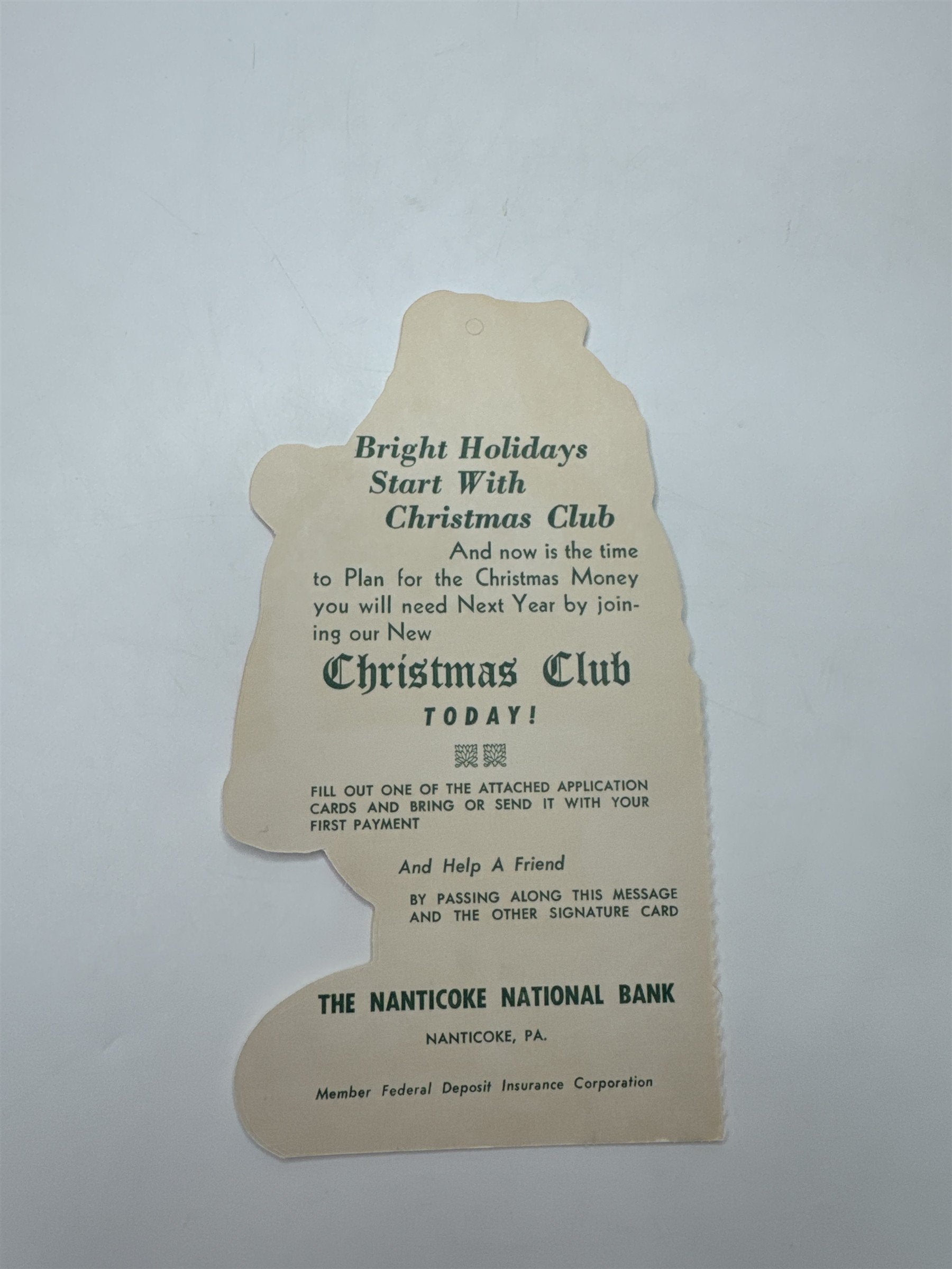 Nanticoke PA Bank Christmas Club Santa Die Cut Ornament Advertising Ephemera