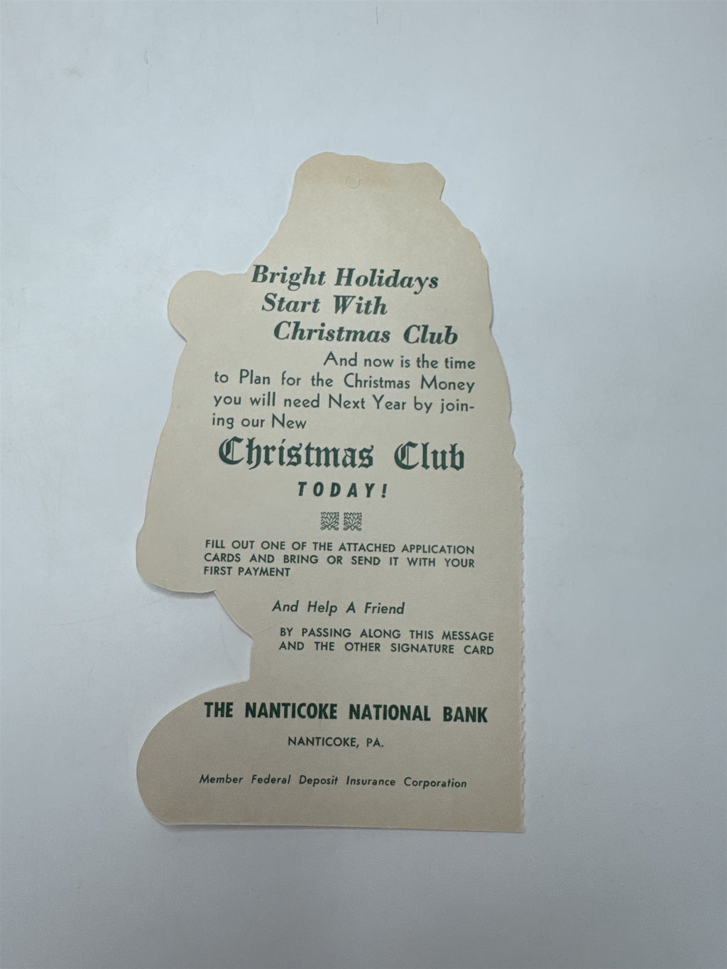 Nanticoke PA Bank Christmas Club Santa Die Cut Ornament Advertising Ephemera