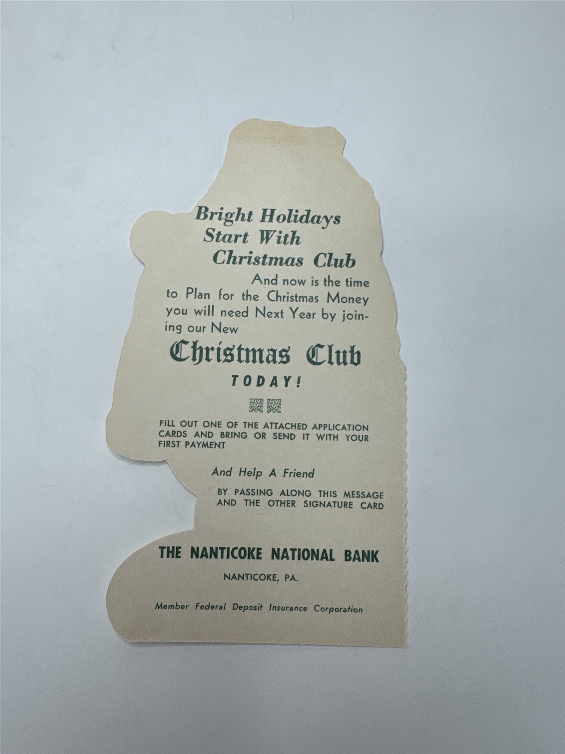 Nanticoke PA Bank Christmas Club Santa Die Cut Ornament Advertising Ephemera