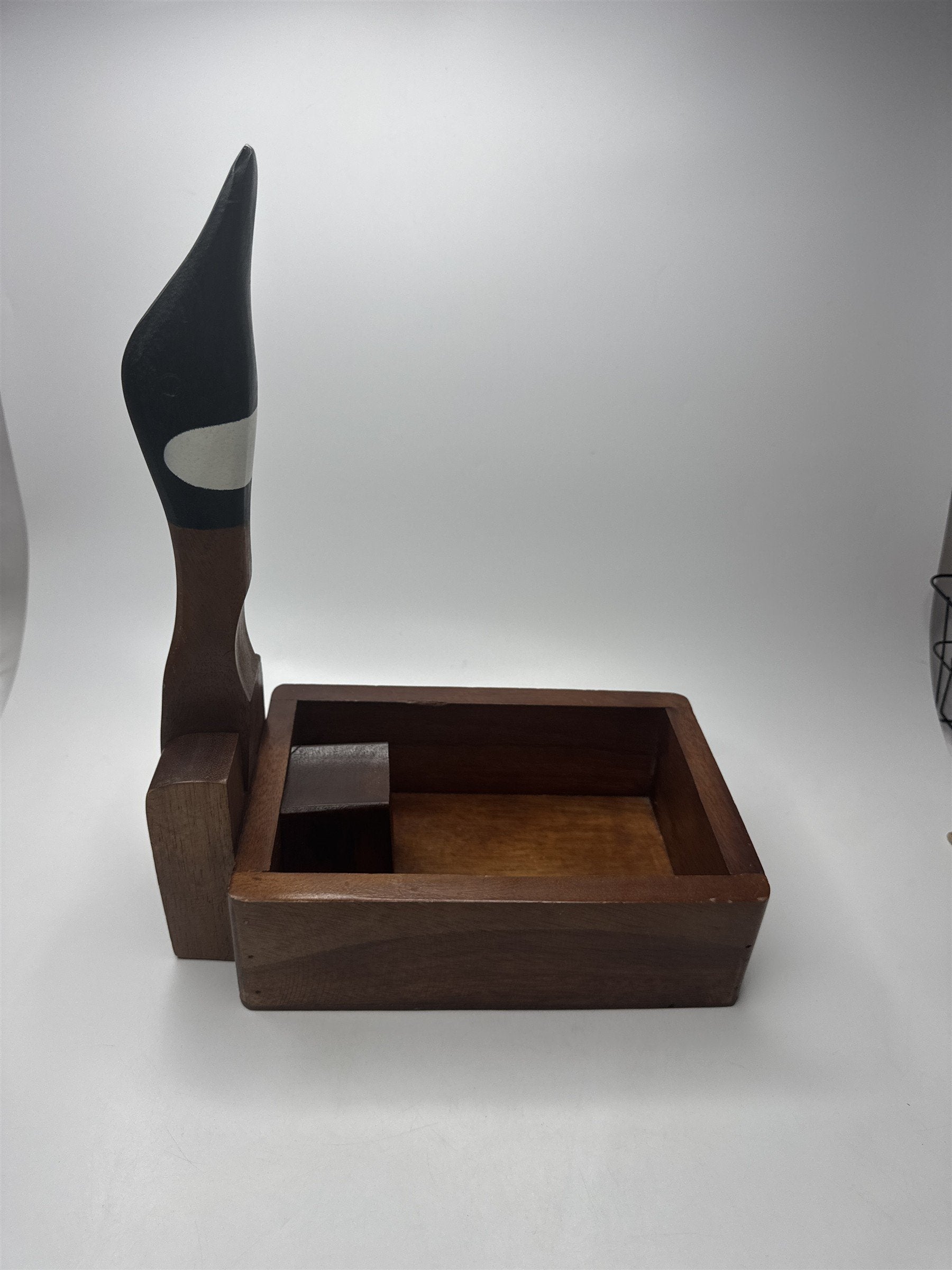 Wooden Goose Nutcracker Box Figurine Mid Century Modern Dark Wood Decor Vintage