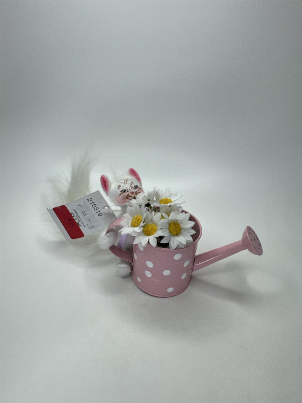 Annalee Dolls White Cat Pink Polka Dot Watering Can Daisy Flowers Spring Decor
