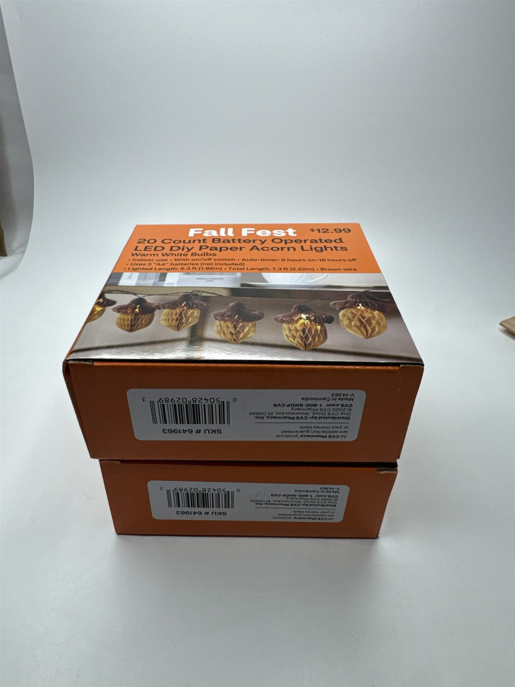 Set of 2 NEW Fall Fest 20ct LED DIY Paper Acorn String Lights Timer NIB