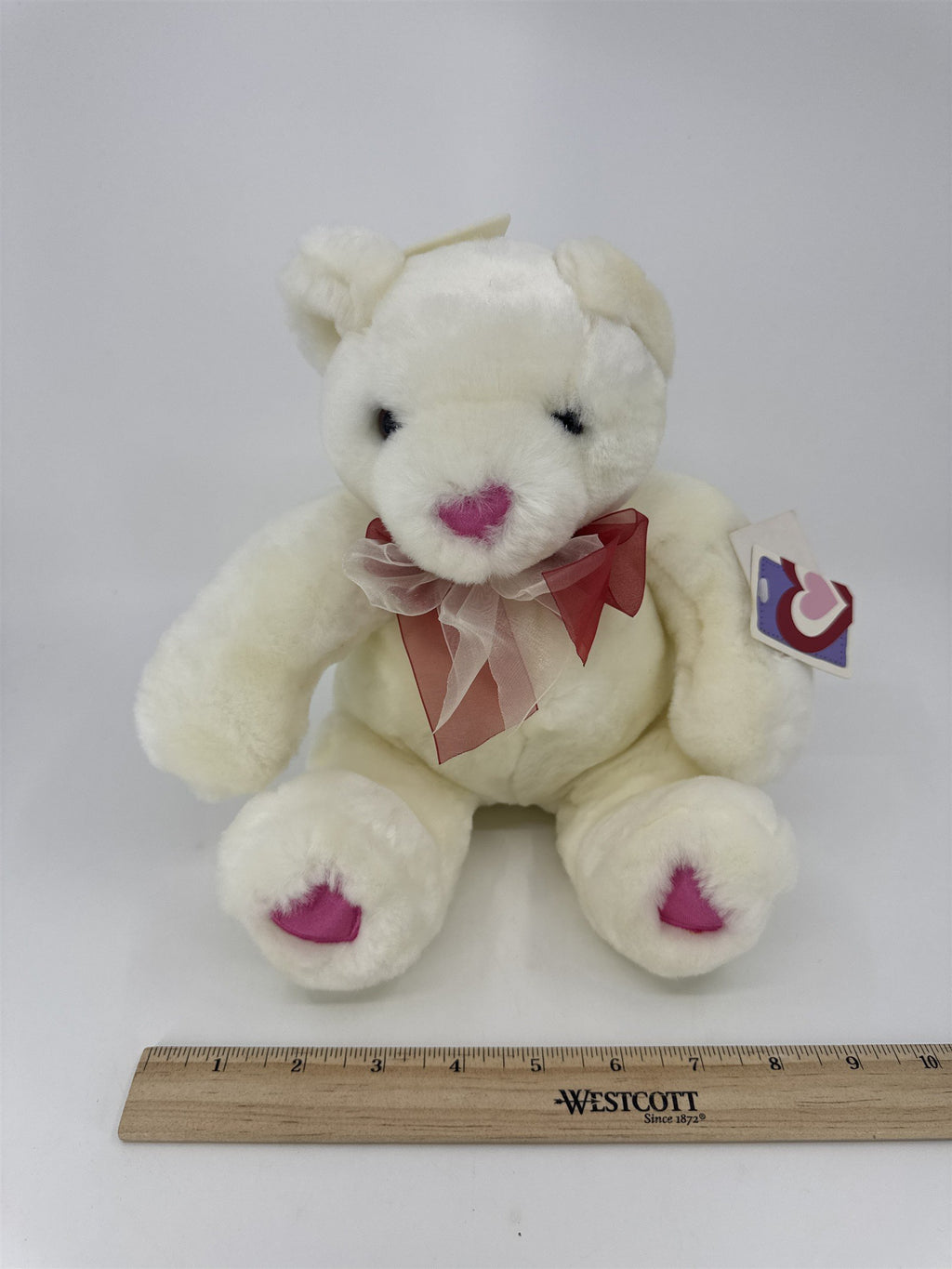 Valentine's Day White Stuffed Animal Teddy Bear with Red Bow And Heart Paws