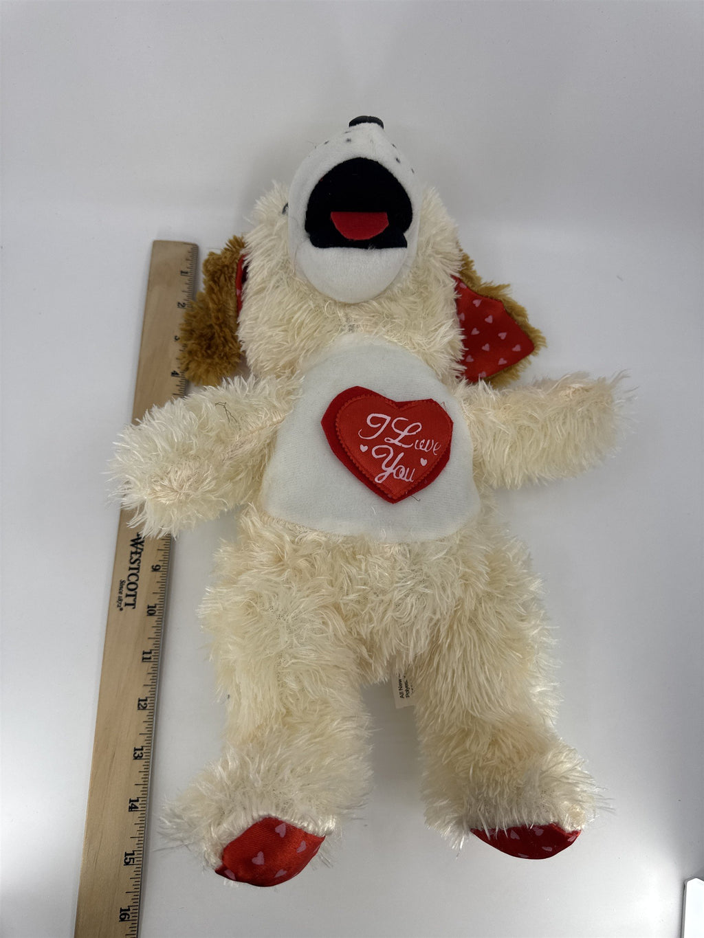 Valentine's Day White Stuffed Animal Dog with Red "I Love You" Heart On Chest