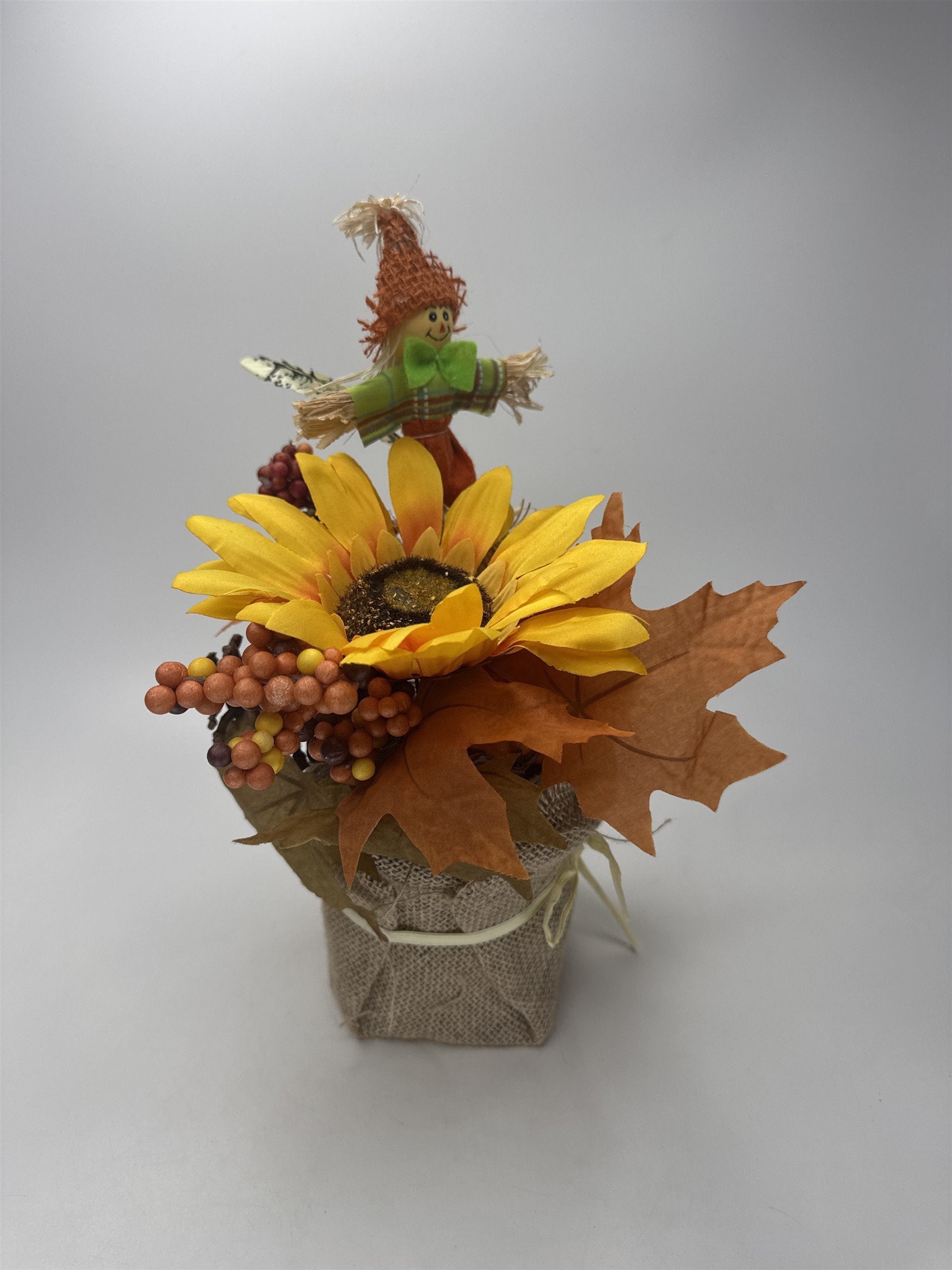 Faux Fall Arrangement Sunflower Maple Leaves Scarecrow Figurine Burlap