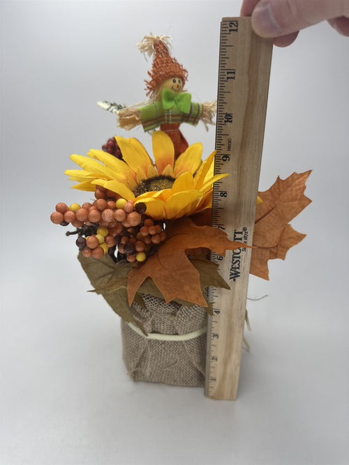 Faux Fall Arrangement Sunflower Maple Leaves Scarecrow Figurine Burlap