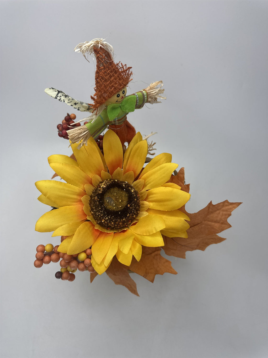 Faux Fall Arrangement Sunflower Maple Leaves Scarecrow Figurine Burlap