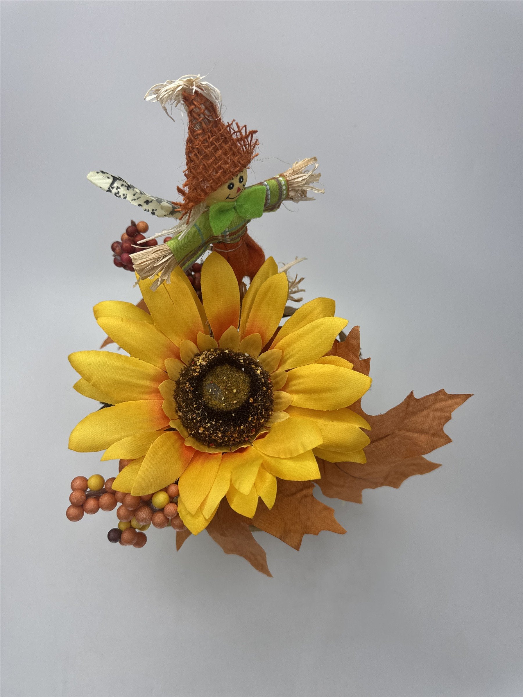 Faux Fall Arrangement Sunflower Maple Leaves Scarecrow Figurine Burlap