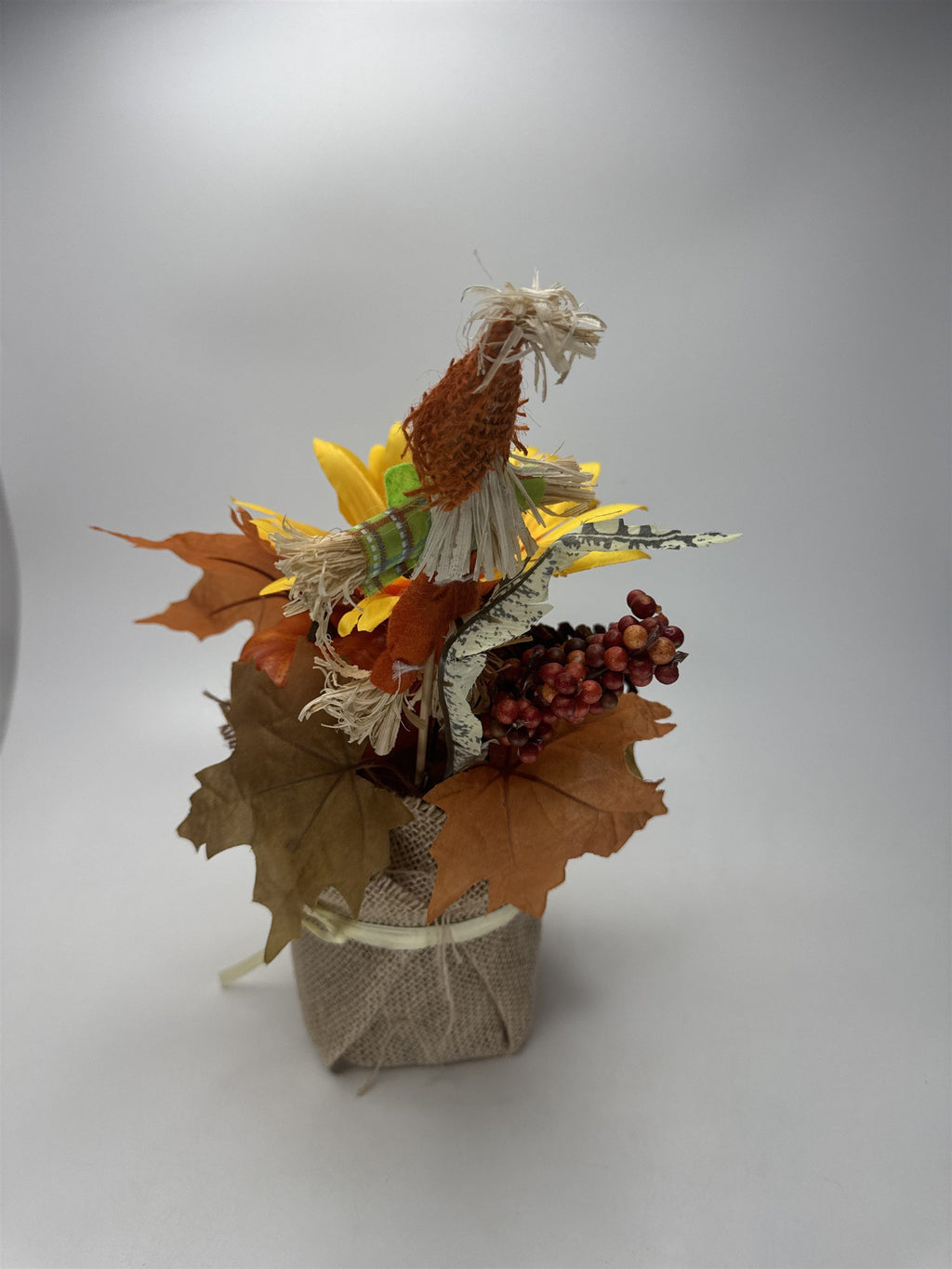 Faux Fall Arrangement Sunflower Maple Leaves Scarecrow Figurine Burlap