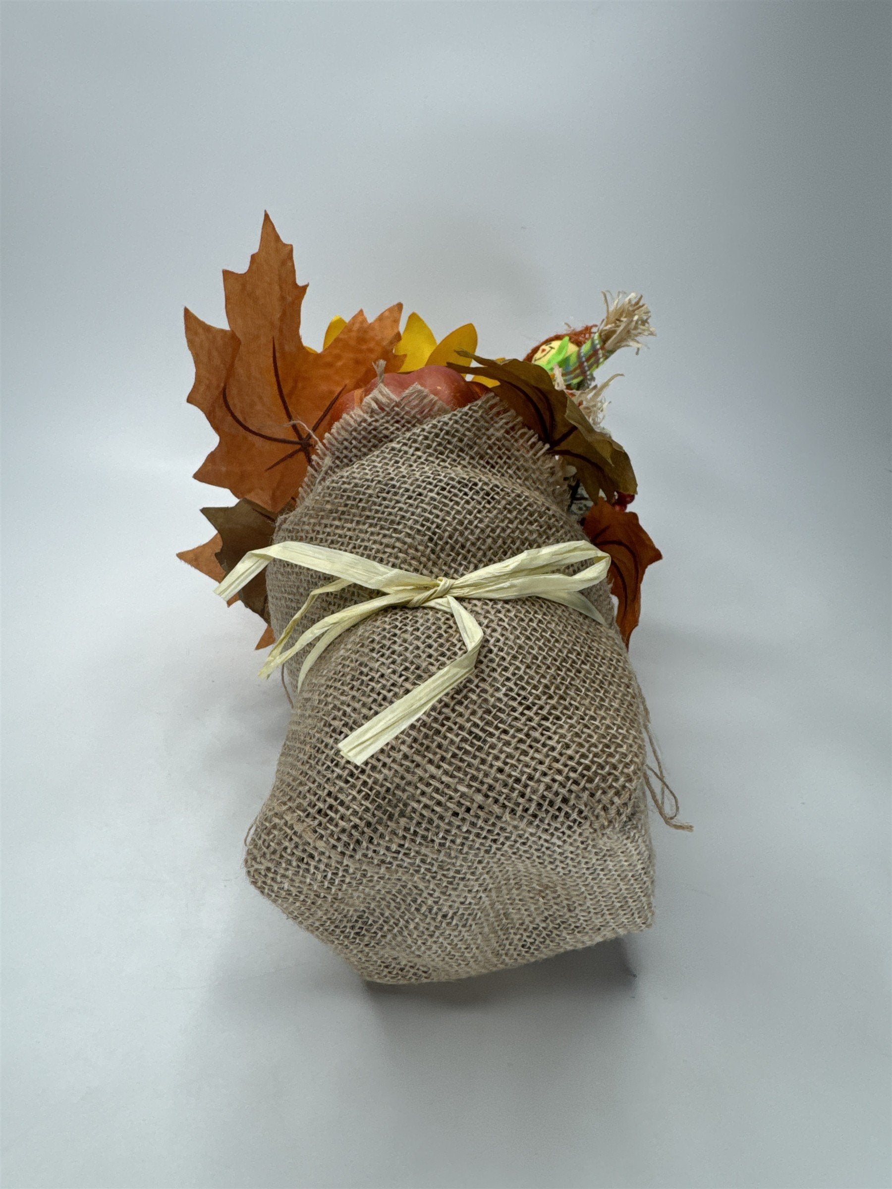 Faux Fall Arrangement Sunflower Maple Leaves Scarecrow Figurine Burlap
