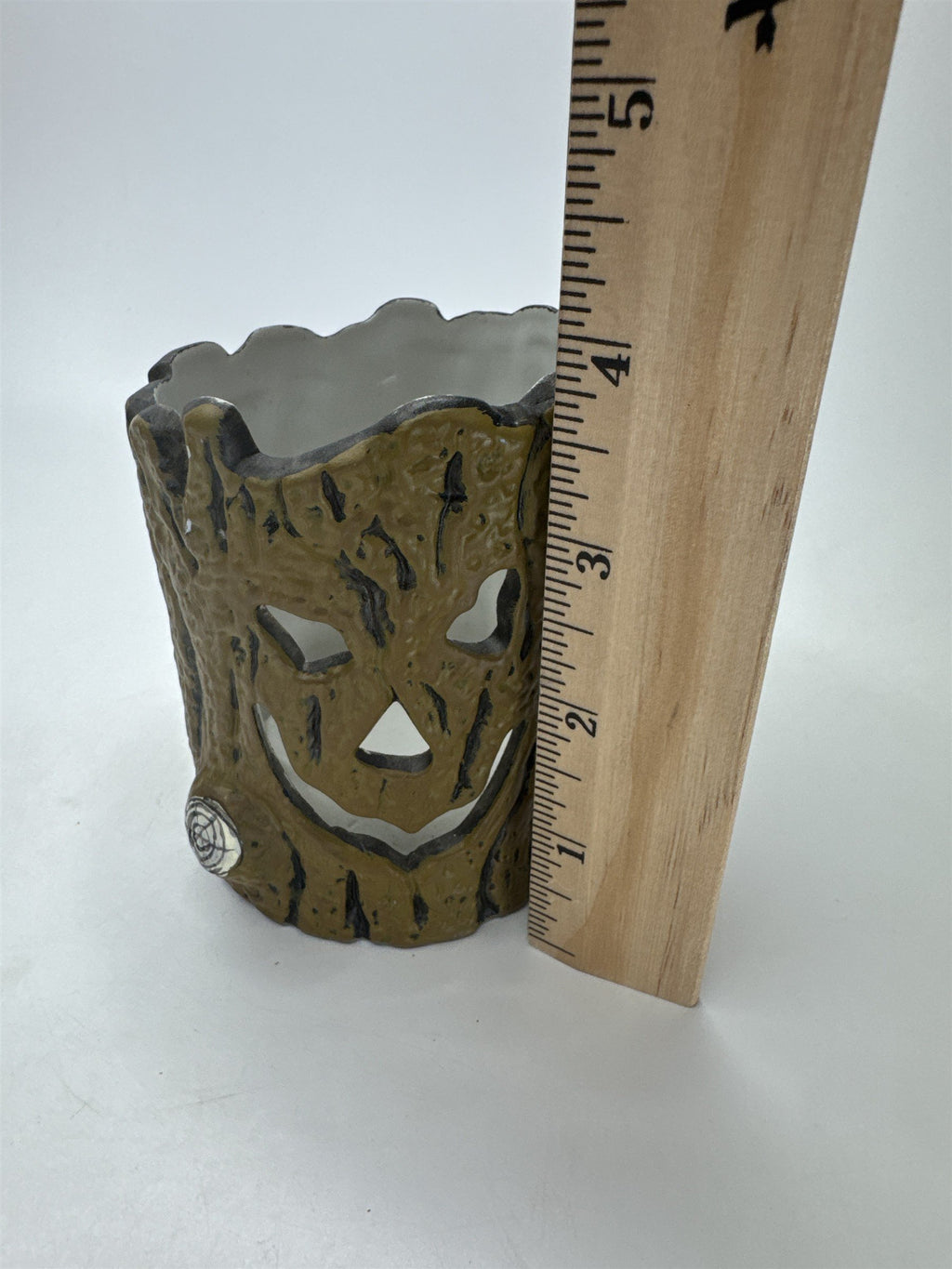 Halloween Spooky Ceramic Tree Trunk Votive Holder Spider Web Jack-O